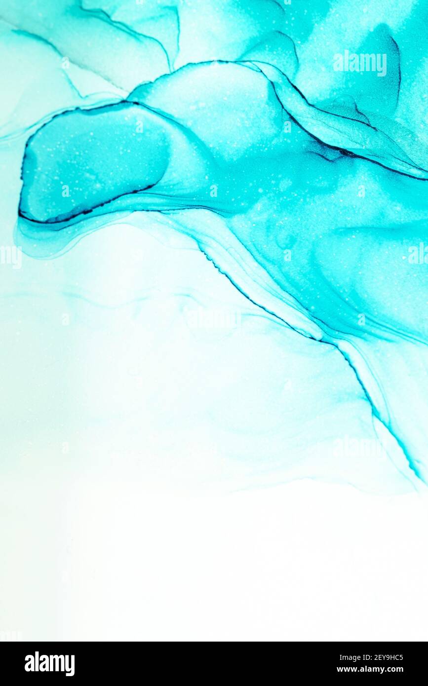 Closeup of blue, teal, aquamarine and white alcohol ink abstract texture. Mixing acrylic paints. Watercolor pattern of the painting for design project Stock Photo