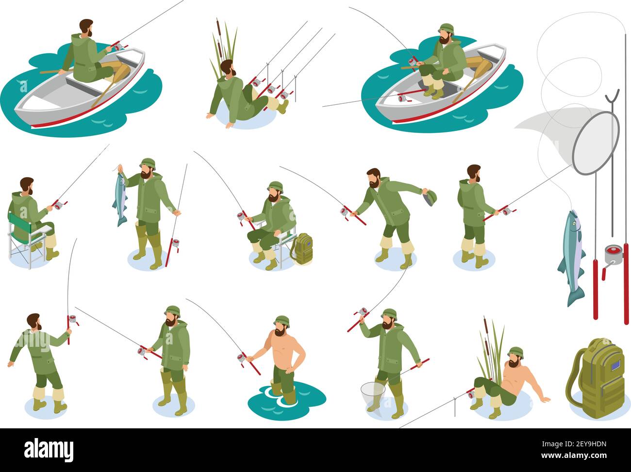 Fishermen during catching fish on spinning rod set of isometric icons with tackle isolated vector illustration Stock Vector
