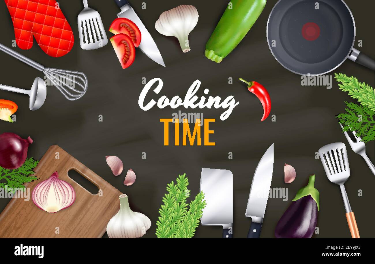 Cooking time background with kitchenware and cookware objects realistic ...