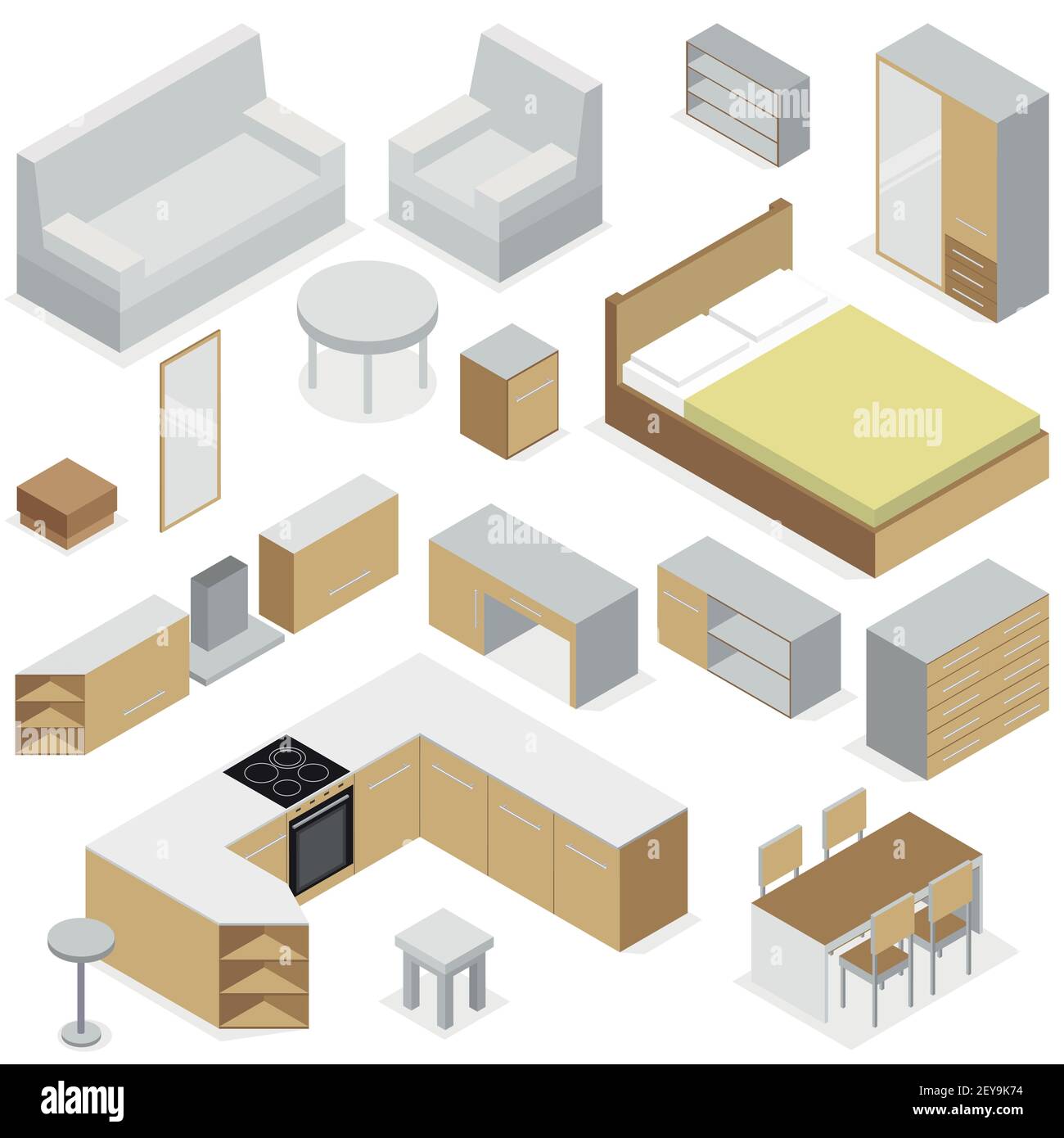Home furniture isometric set of elements for kitchen bedroom and living ...