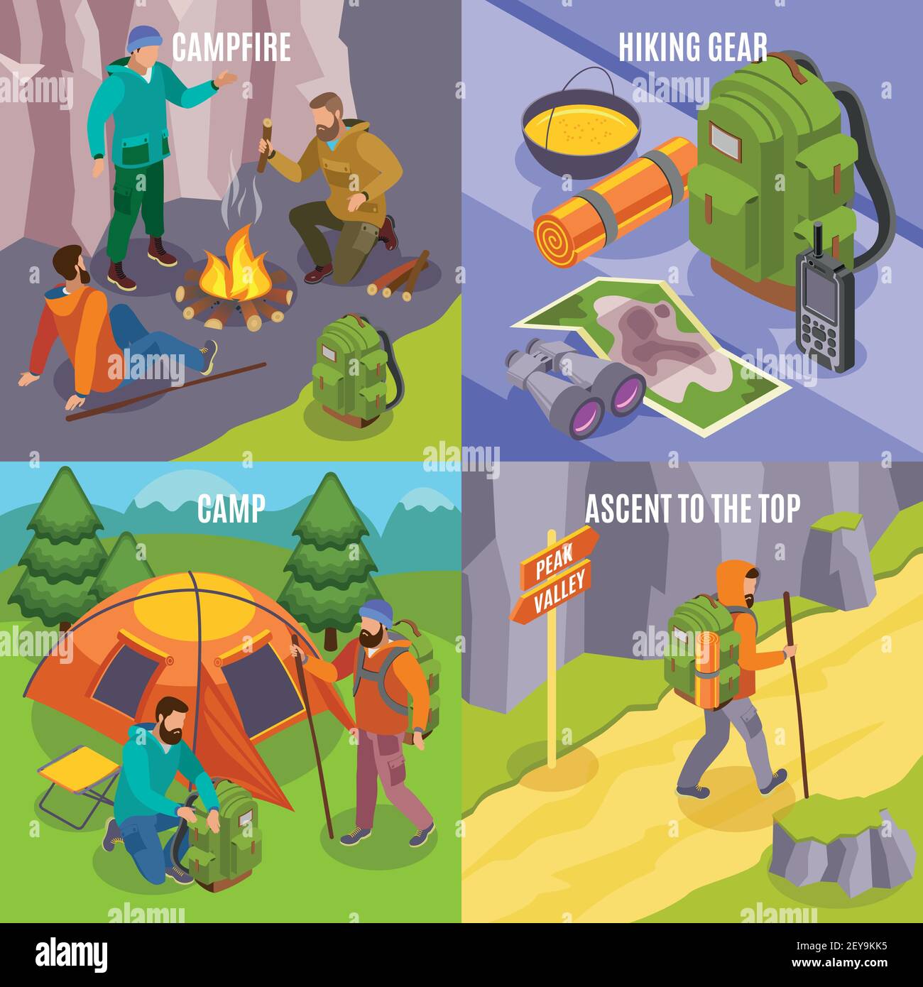 Hiking isometric 2x2 design concept with compositions of hiking gear