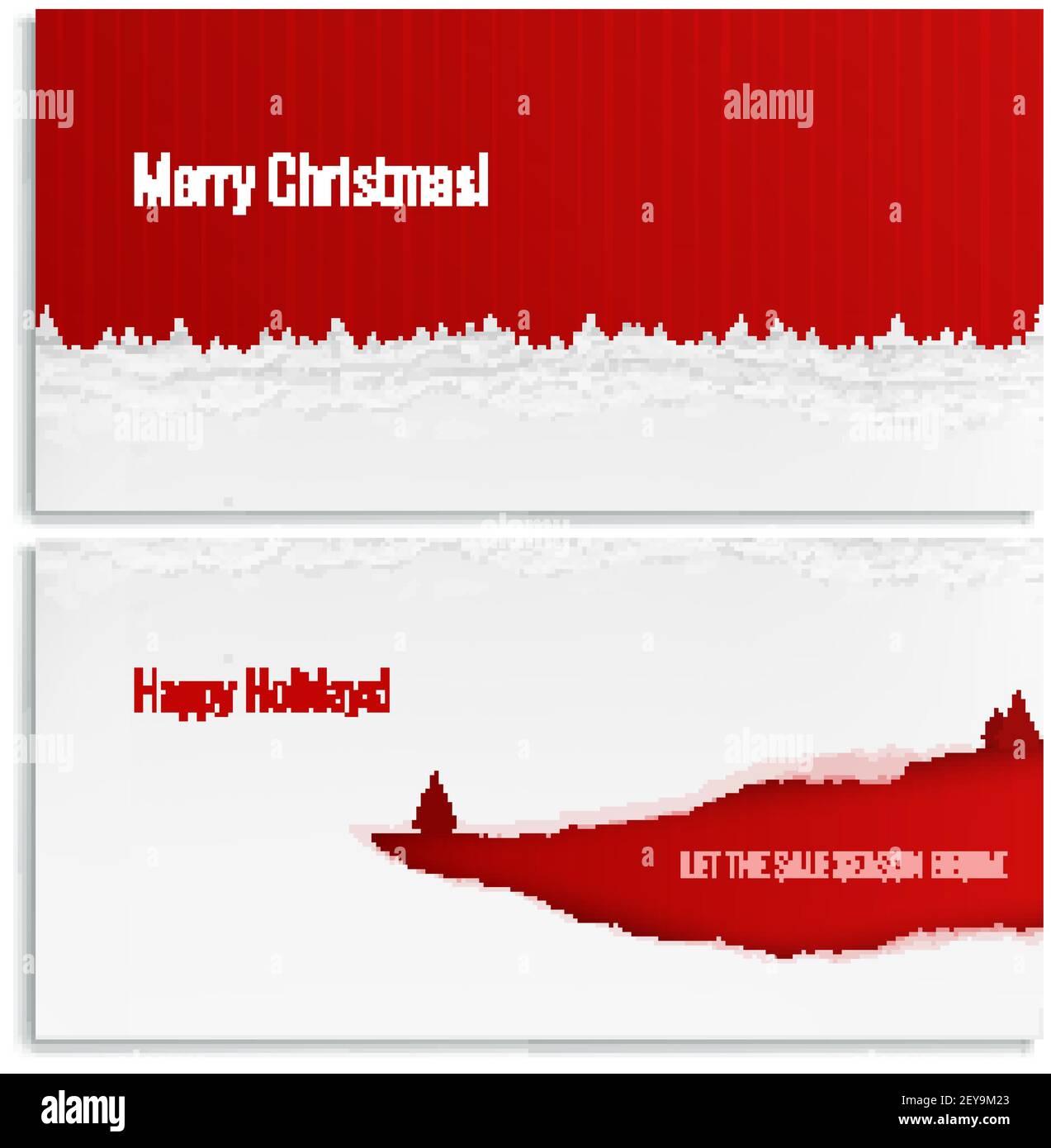 Merry christmas horizontal banners in red and white color with torn ...