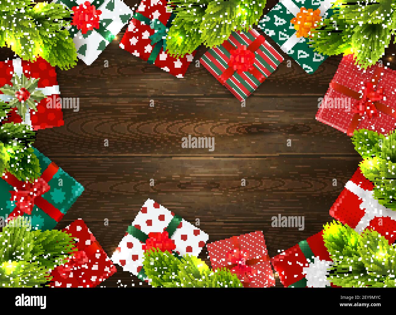 Realistic christmas background with colorful gift boxes and fir tree ...