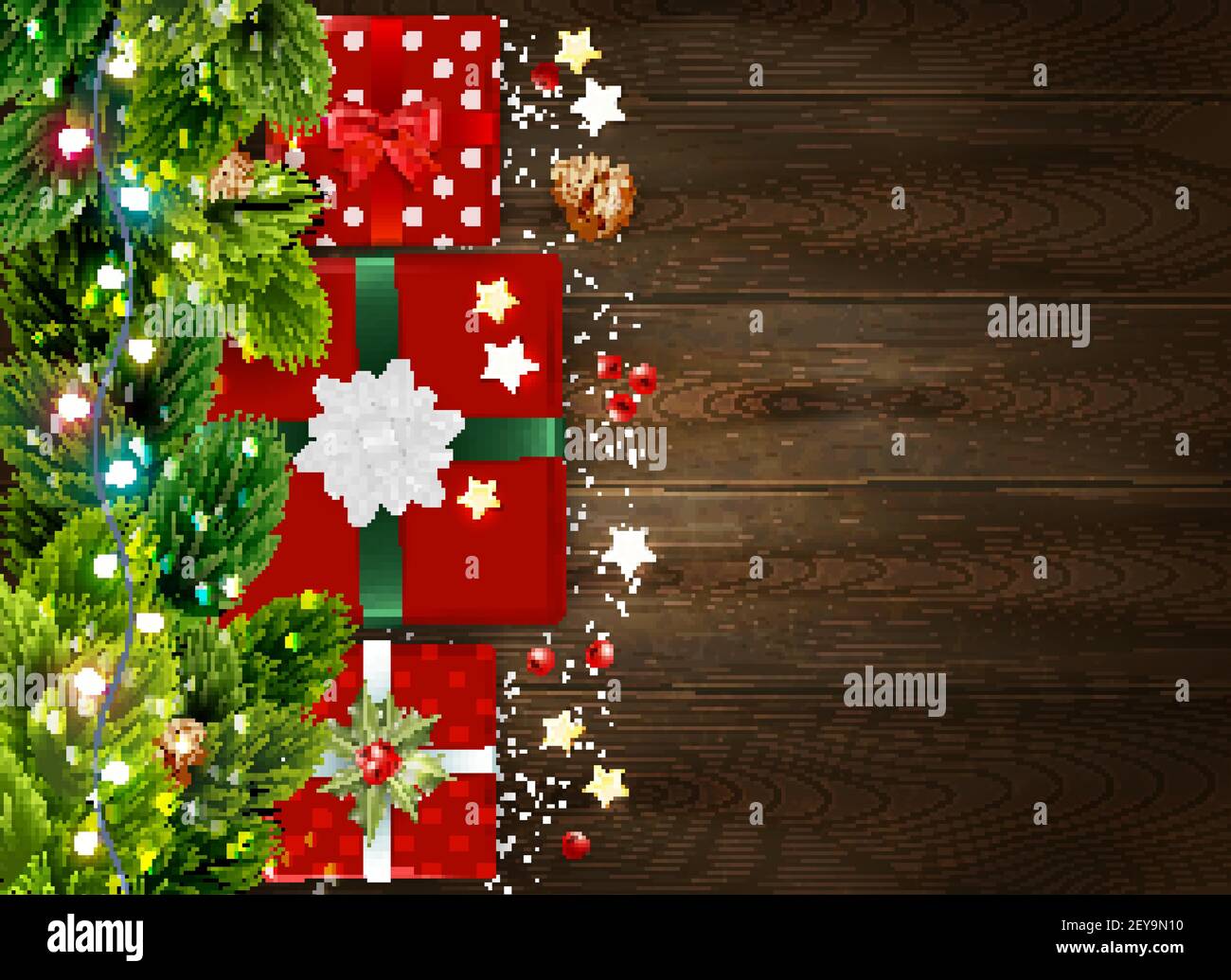 Christmas background with fir tree branches and decorated gift boxes on ...