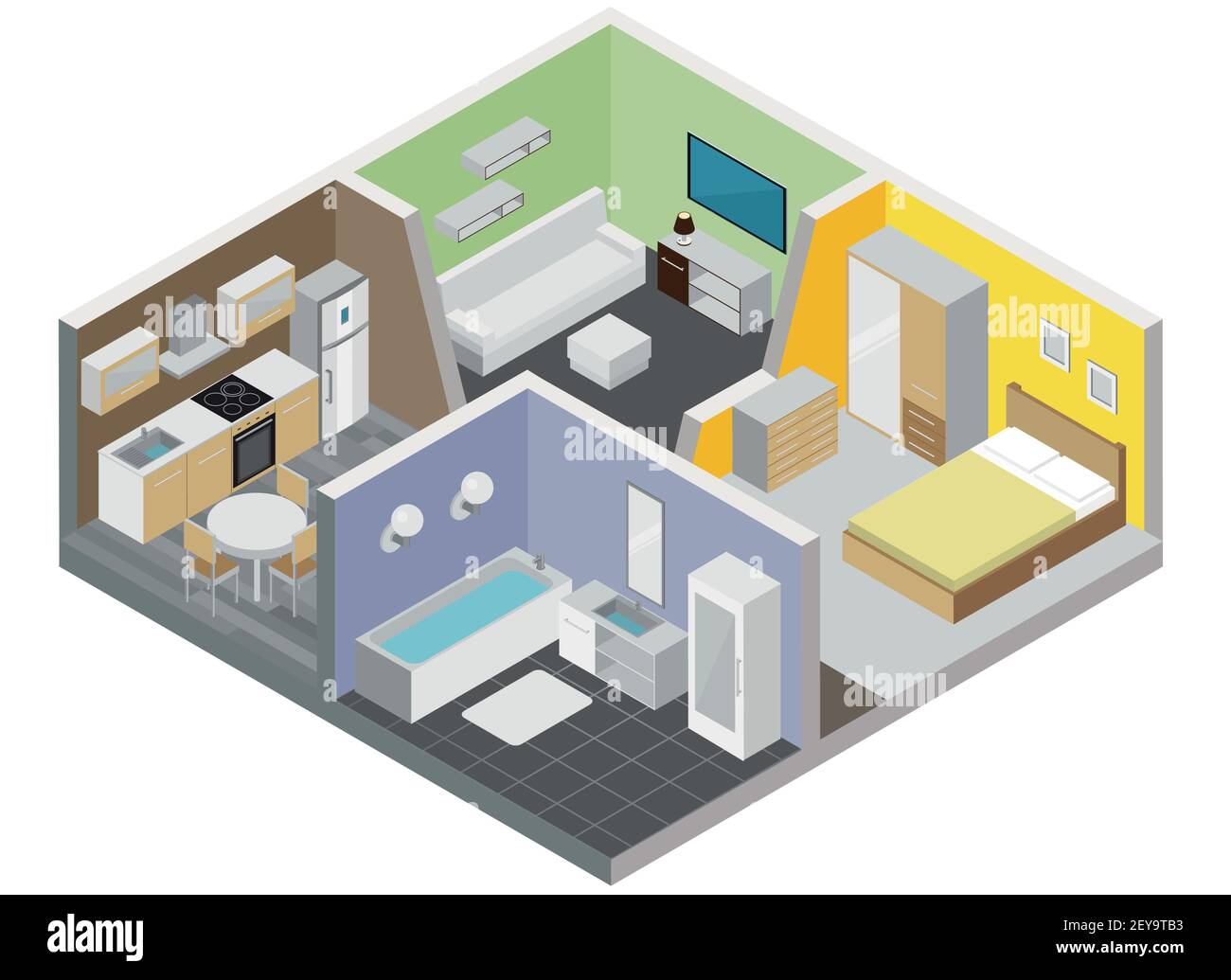 Two rooms apartment design concept with kitchen bathroom bedroom and