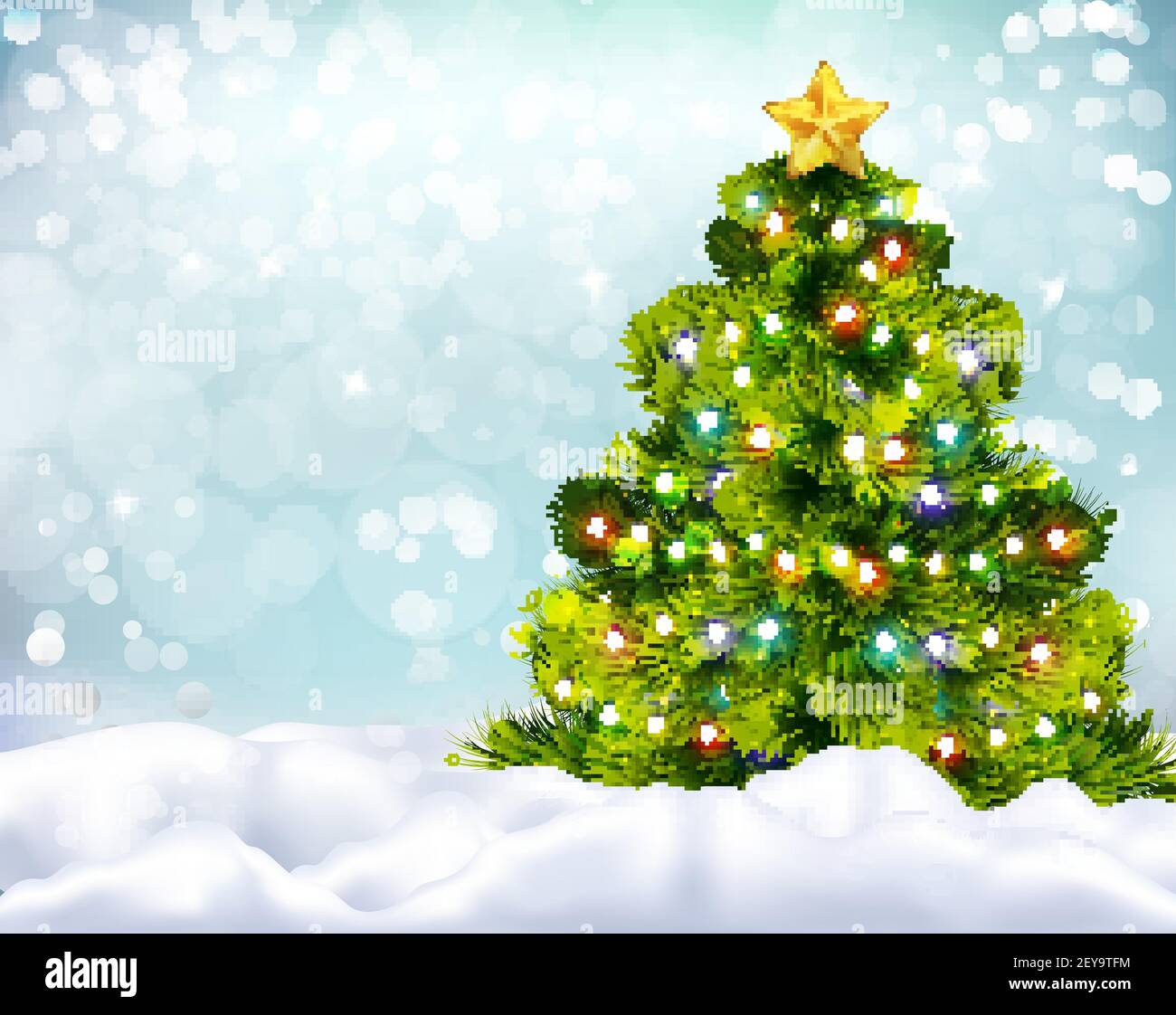 Realistic background with beautiful decorated christmas tree and snow ...