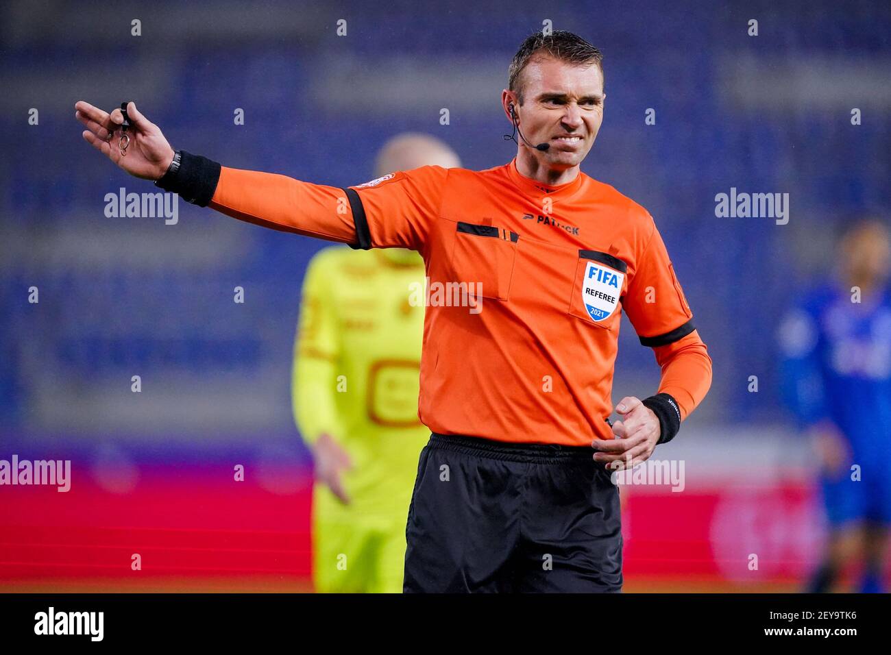 GENK, BELGIUM - MARCH 4: referee Nicolas Laforge during the Crocky Cup ...