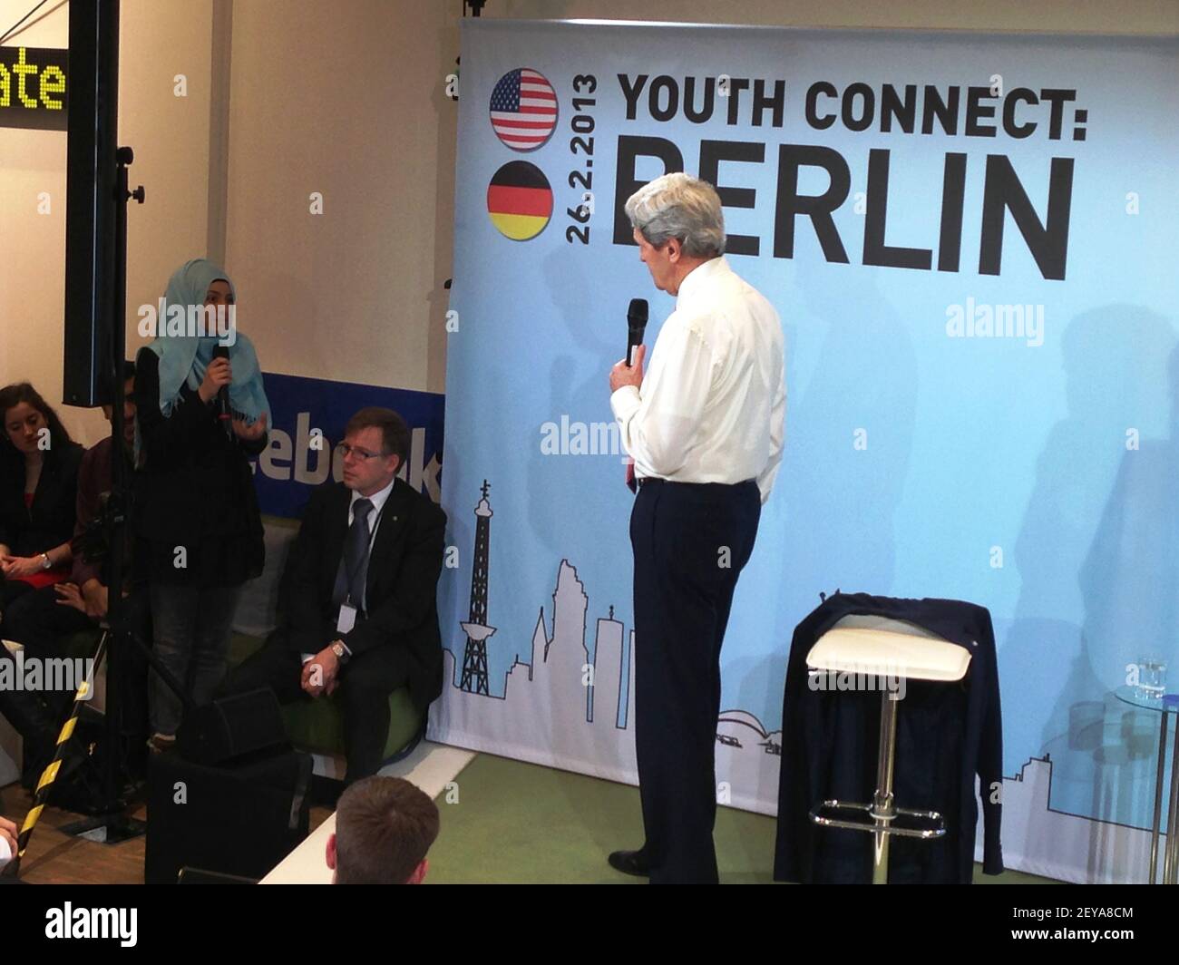 Feb 26, 2013 - Berlin, Germany - U.S. Secretary of State John Kerry engages young German innovators and leaders at his first Youth Connect event with moderator/journalist Cherno Jobatey in Berlin, Germany, February 26, 2013. Photo Credit: State Department/Sipa USA Stock Photo