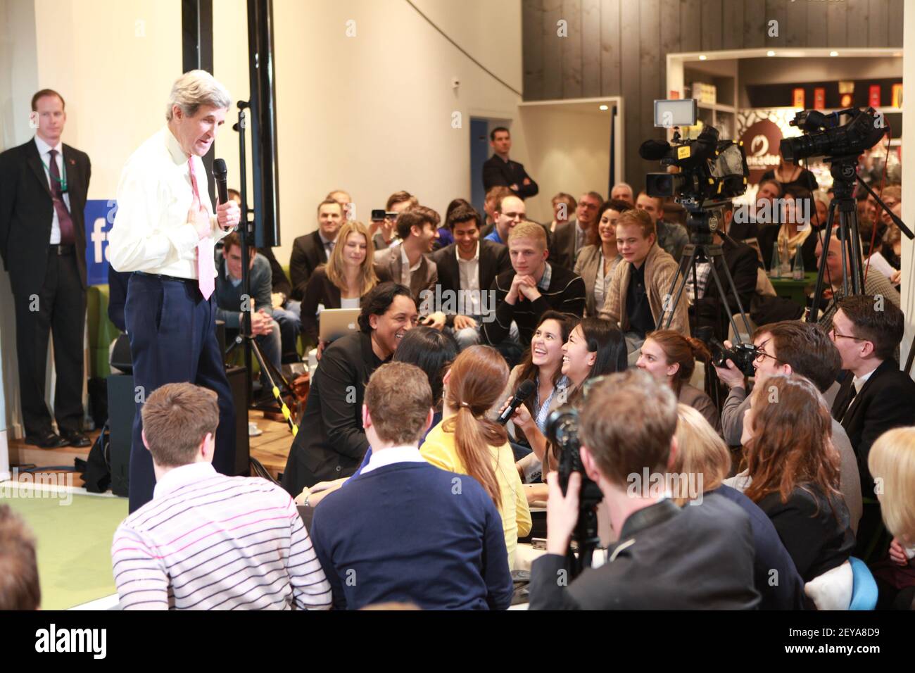 Feb 26, 2013 - Berlin, Germany - U.S. Secretary of State John Kerry engages young German innovators and leaders at his first Youth Connect event with moderator/journalist Cherno Jobatey in Berlin, Germany, February 26, 2013. Photo Credit: State Department/Sipa USA Stock Photo