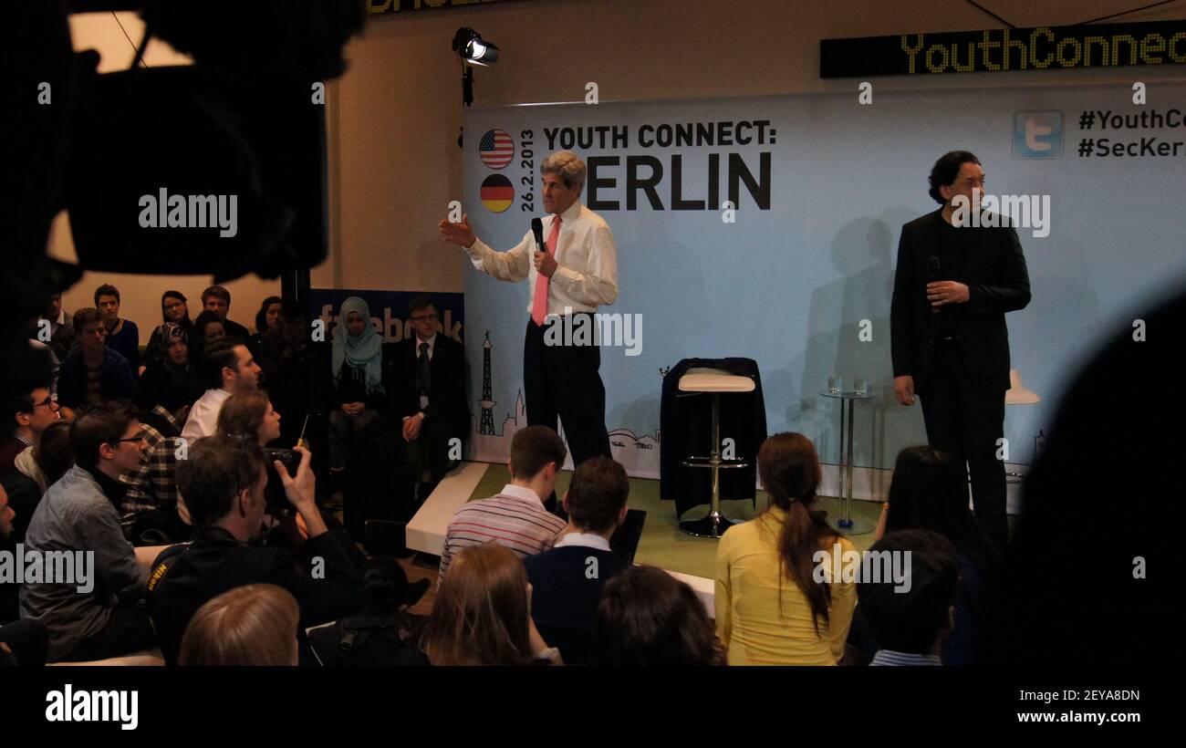 Feb 26, 2013 - Berlin, Germany - U.S. Secretary of State John Kerry engages young German innovators and leaders at his first Youth Connect event with moderator/journalist Cherno Jobatey in Berlin, Germany, February 26, 2013. Photo Credit: State Department/Sipa USA Stock Photo