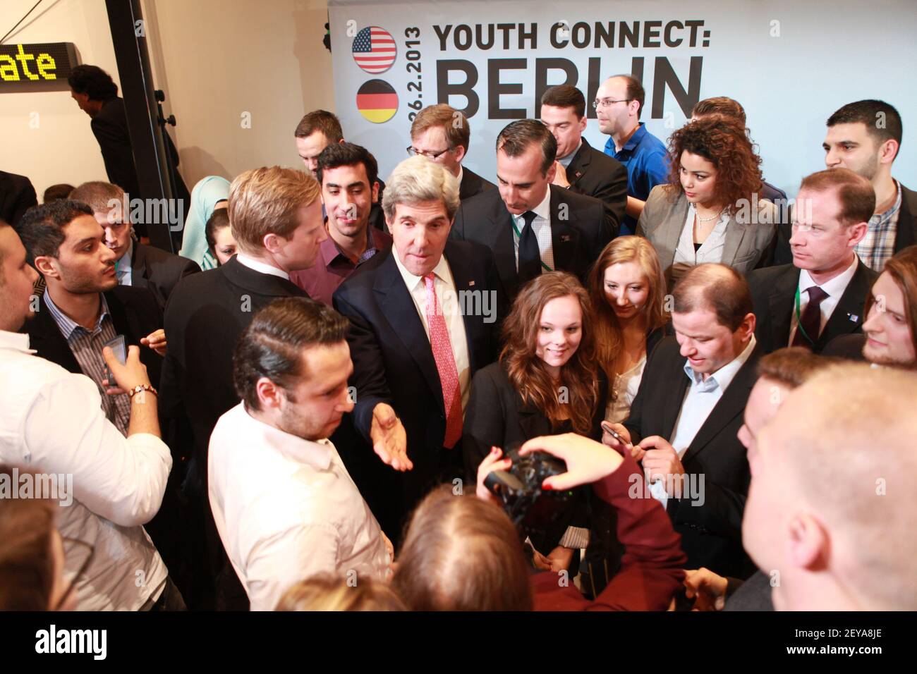 Feb 26, 2013 - Berlin, Germany - U.S. Secretary of State John Kerry engages young German innovators and leaders at his first Youth Connect event with moderator/journalist Cherno Jobatey in Berlin, Germany, February 26, 2013. Photo Credit: State Department/Sipa USA Stock Photo
