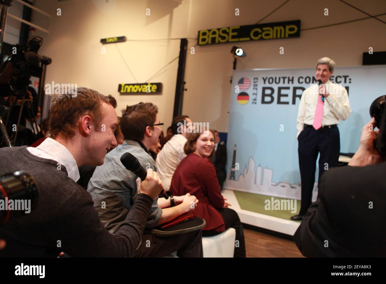 Feb 26, 2013 - Berlin, Germany - U.S. Secretary of State John Kerry engages young German innovators and leaders at his first Youth Connect event with moderator/journalist Cherno Jobatey in Berlin, Germany, February 26, 2013. Photo Credit: State Department/Sipa USA Stock Photo