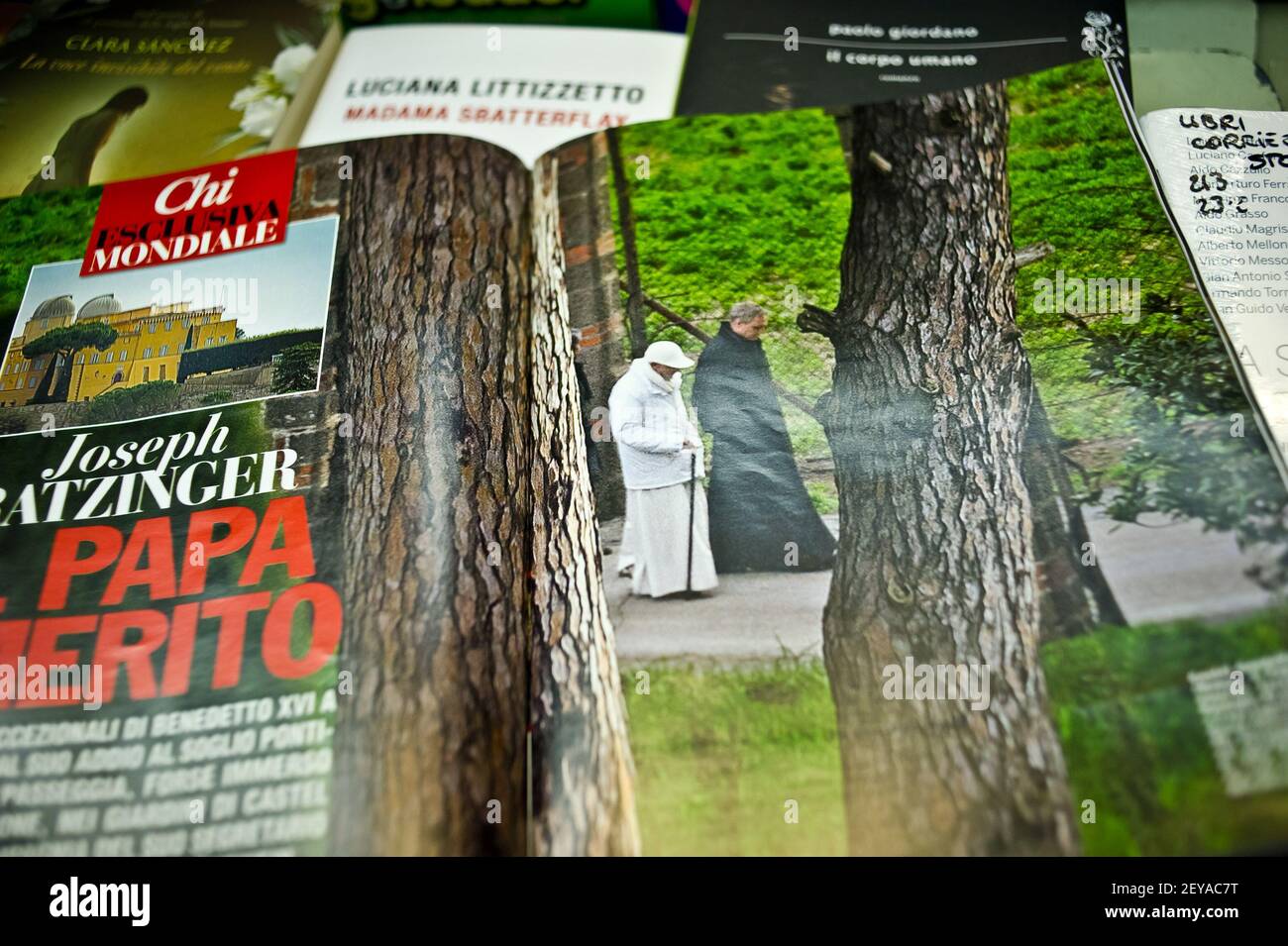 The Italian gossip Magazine CHI published in its current issue on March 07,  2013 paparazzi photos of the retired "Pope Emeritus" Benedict XVI as he  strolled in the grounds of the papal