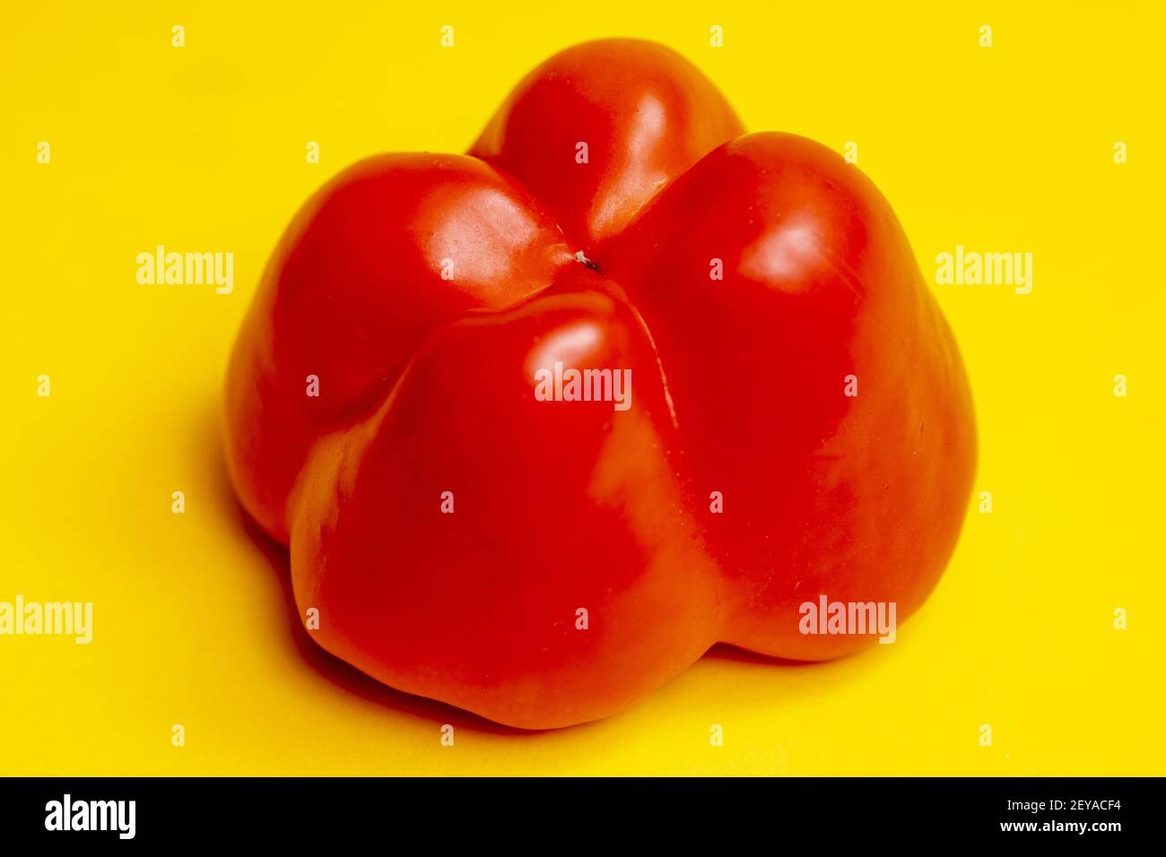 Upside-down vibrant red colorful pepper or paprika resembling a reflective pudding starkly contrasting with the yellow surface below. Stock Photo