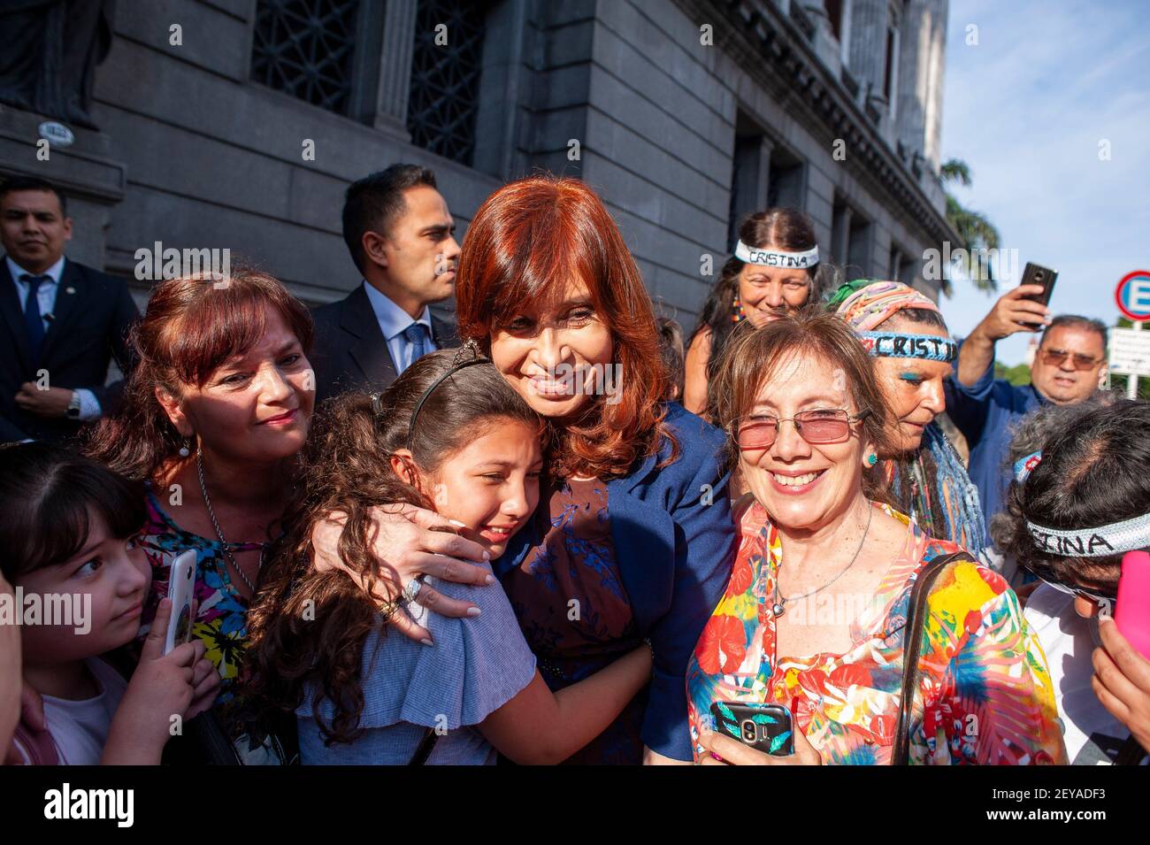 Argentina's Vice President, Cristina Fernandez seen exiting the National Congress surrounded by a group of supporters. Stock Photo