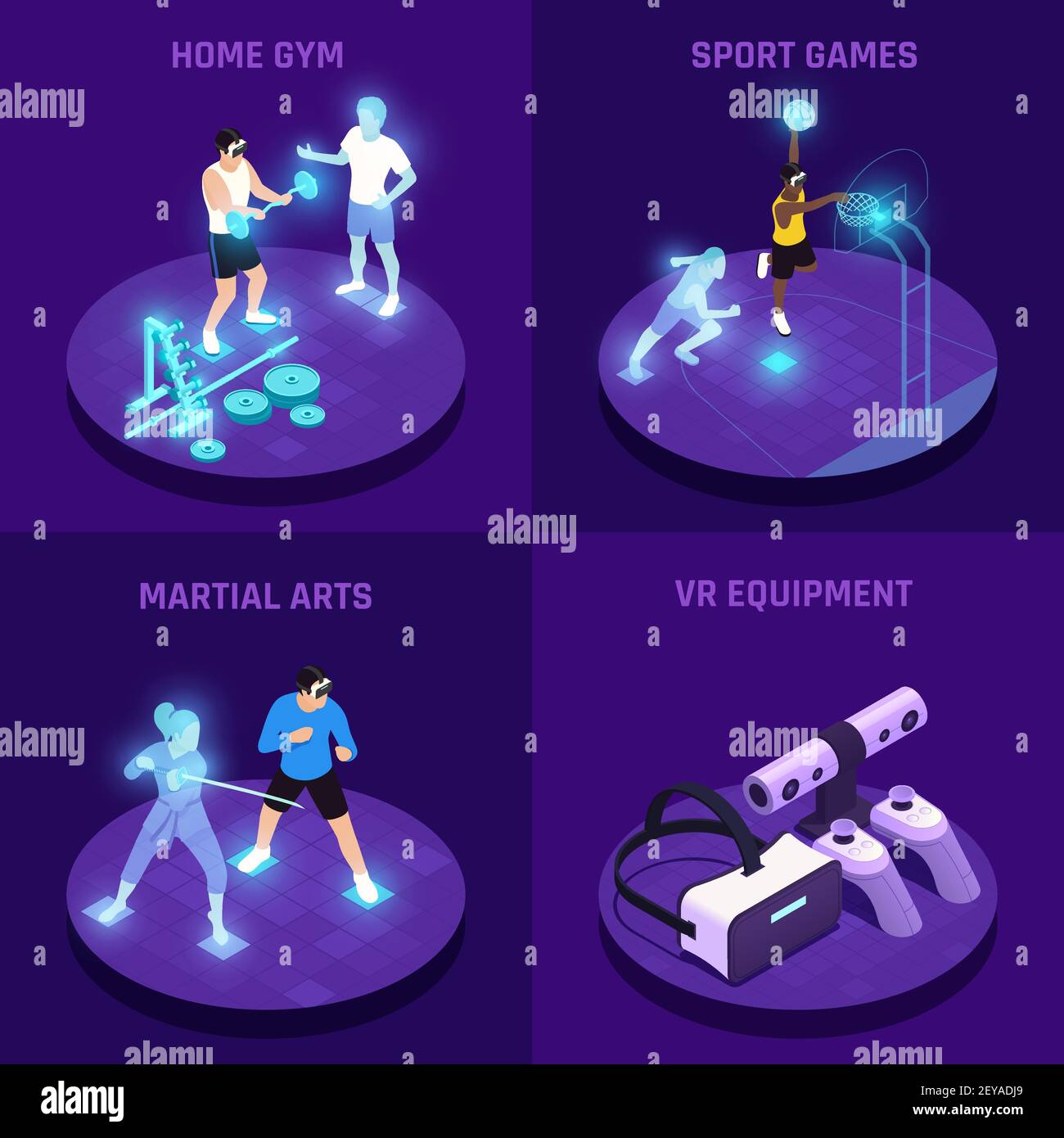 VR sports isometric design concept with virtual reality equipment home