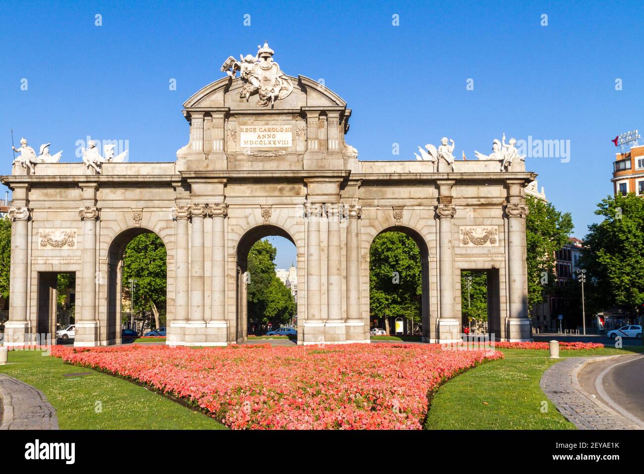 Madrid Spain Spanish Puerta de Alcala Plaza de la Independencia monument triumphal arch Neo-classical city gate Francesco Sabatini Stock Photo