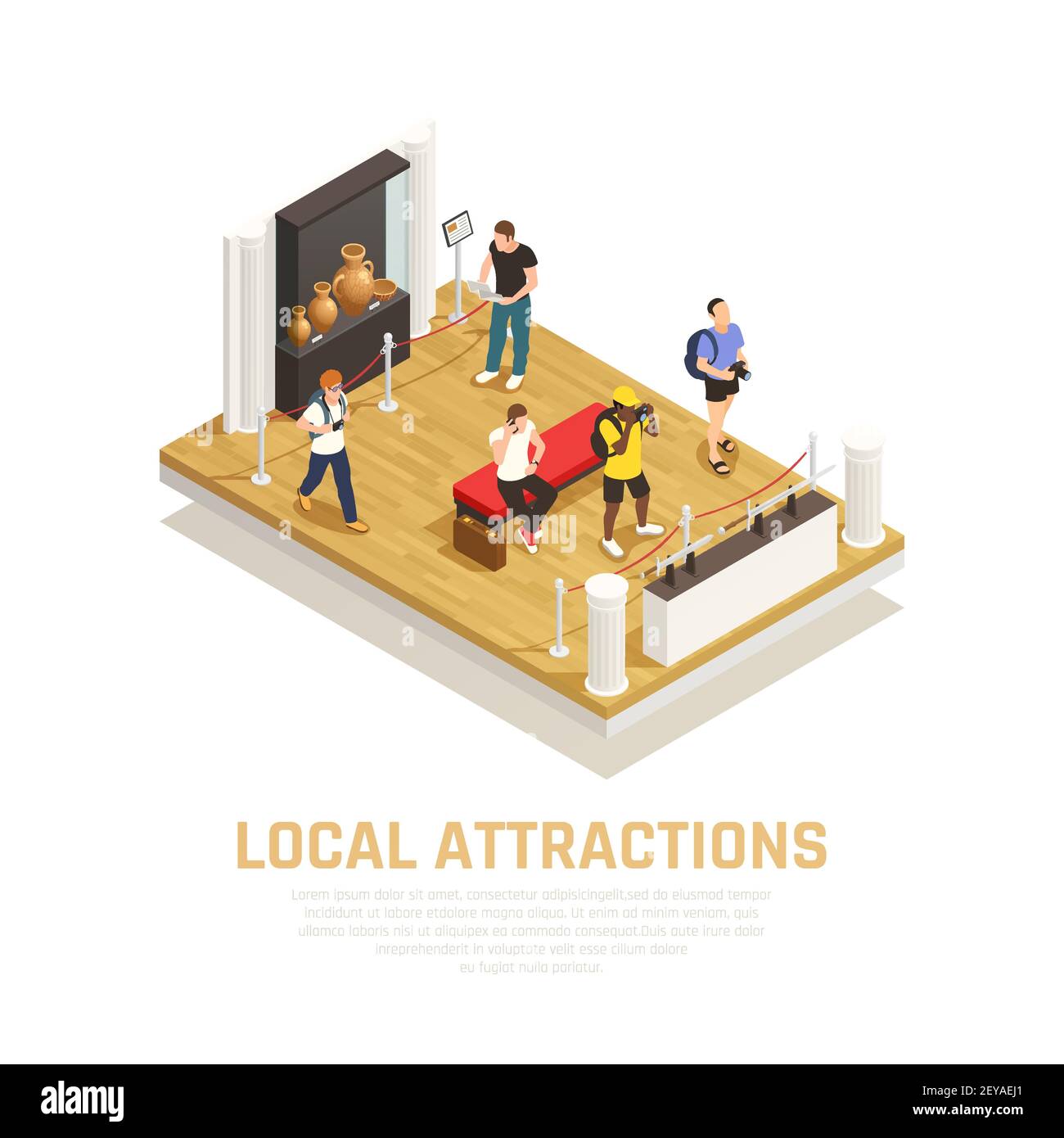 Local attractions isometric composition with people during visit of museum in travel time vector illustration Stock Vector