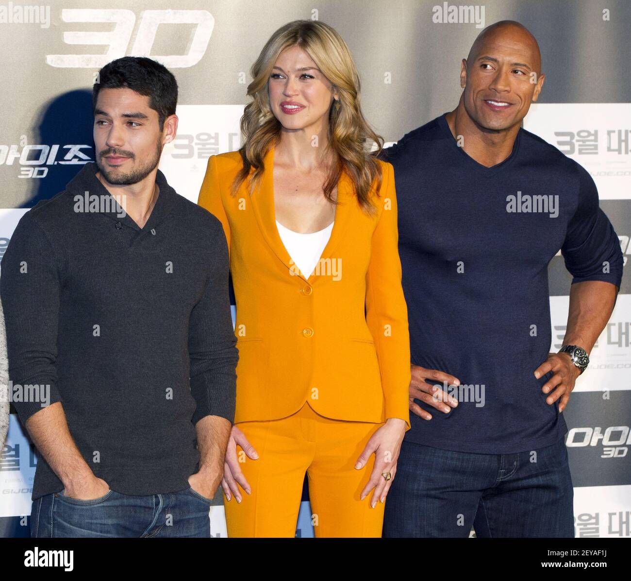 (L to R) Actor D.J. Cotrona, actress Adrianne Palicki and actor Dwayne Johnson attend a press conference for the movie 'G. I. Joe:Retaliation' World premier at hotel in Seoul, South Korea on March 11, 2013. The movie is to be released in South Korea on March 28. Photo Credit: Lee Young-ho/Sipa USA Stock Photo