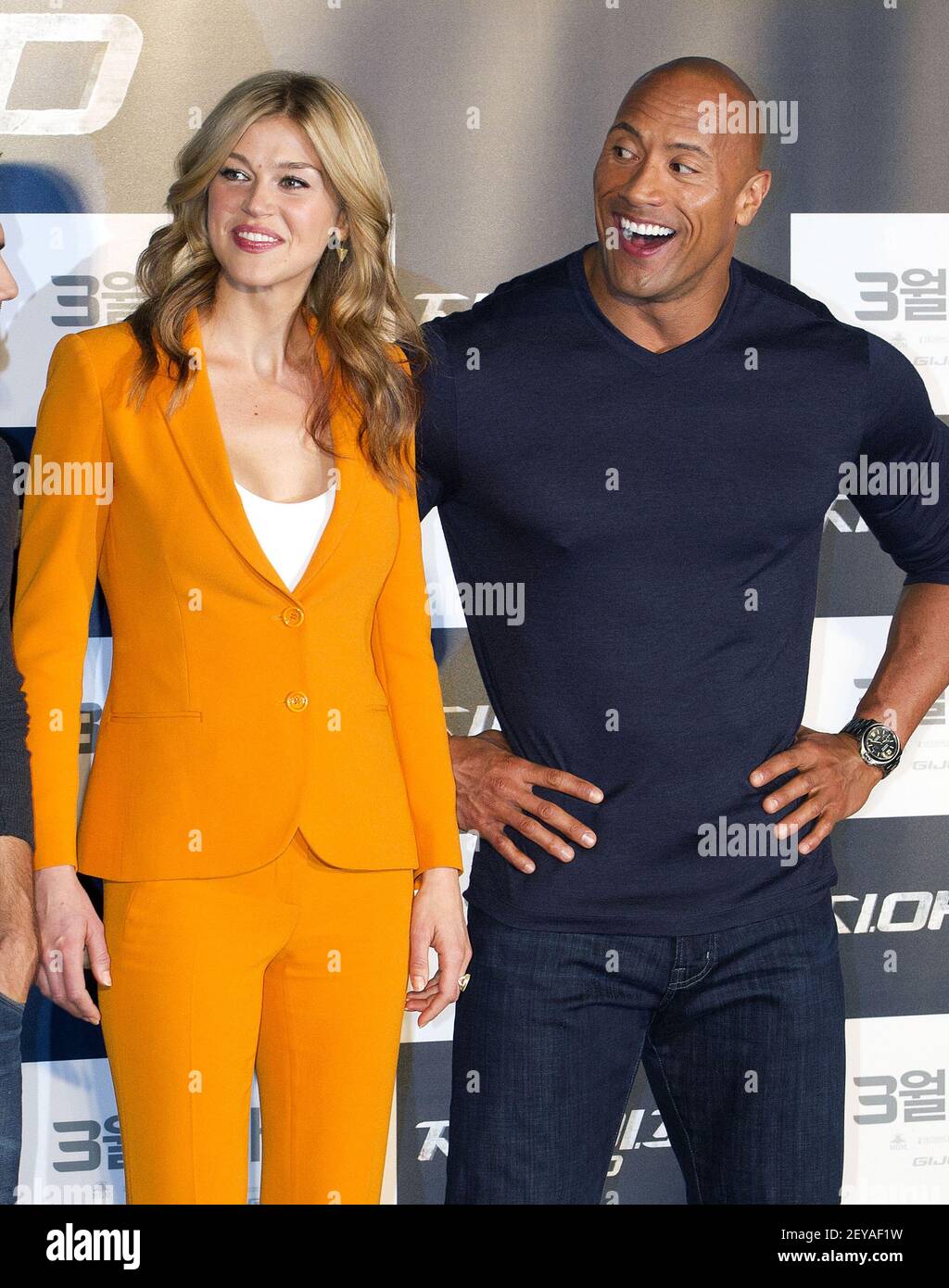 (L to R) Actress Adrianne Palicki and actor Dwayne Johnson attend a press conference for the movie 'G. I. Joe:Retaliation' World premier at hotel in Seoul, South Korea on March 11, 2013. The movie is to be released in South Korea on March 28. Photo Credit: Lee Young-ho/Sipa USA Stock Photo
