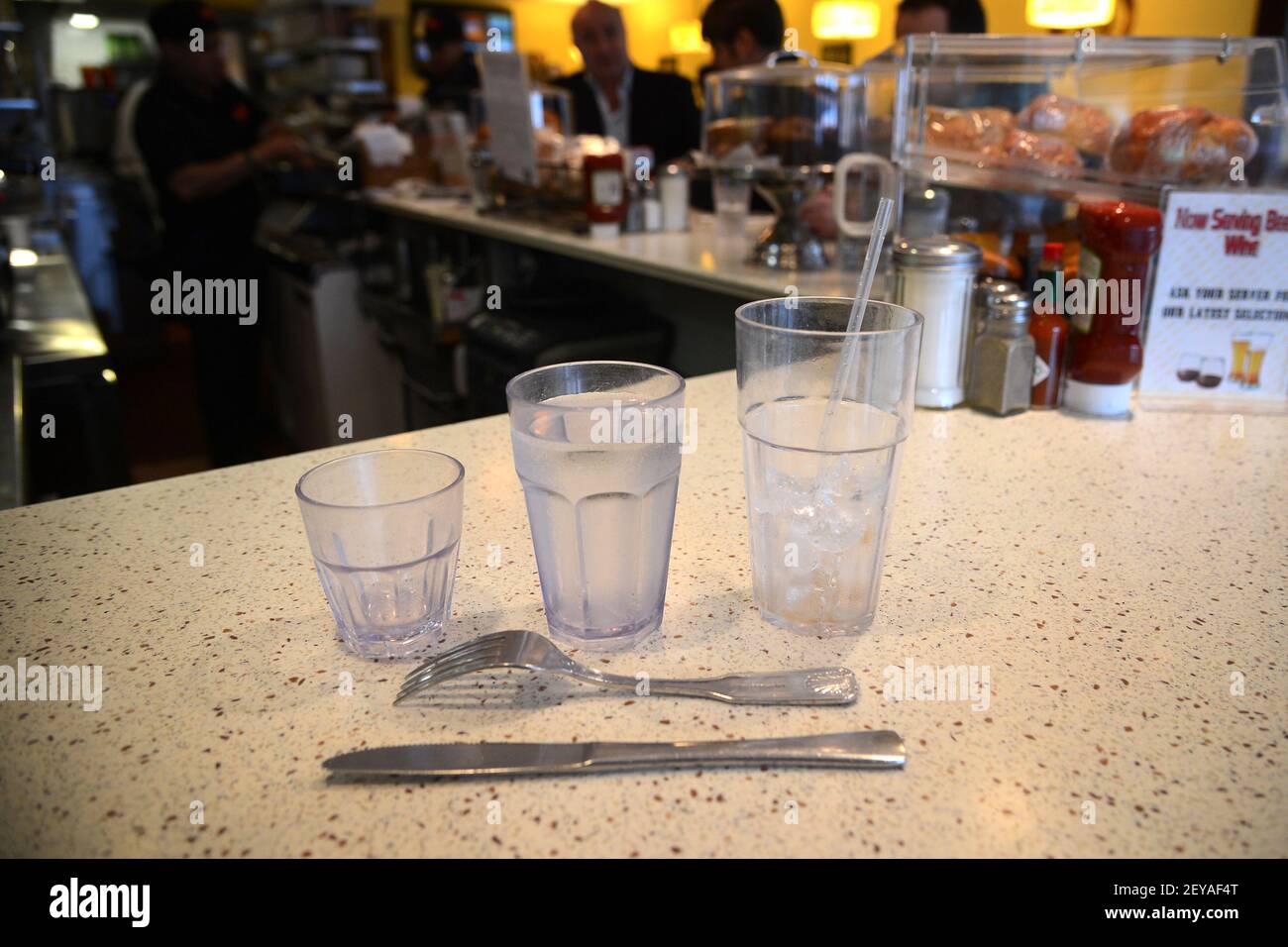 Three cup sizes, 5.5 ounce, 10 ounce and 16 ounce cup sizes drinks that  will be offered to customers at Lucky's Cafe in Midtown Manhattan, in New  York, NY on March 12