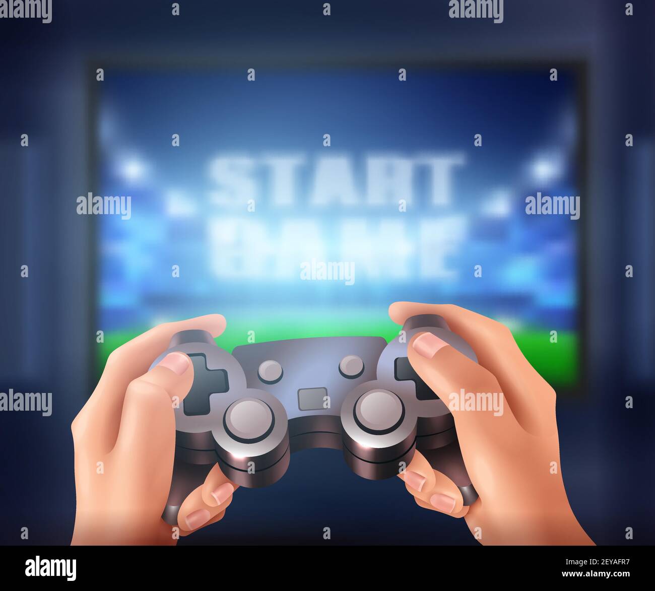 Human hands holding controller and starting video game on big screen realistic vector illustration Stock Vector