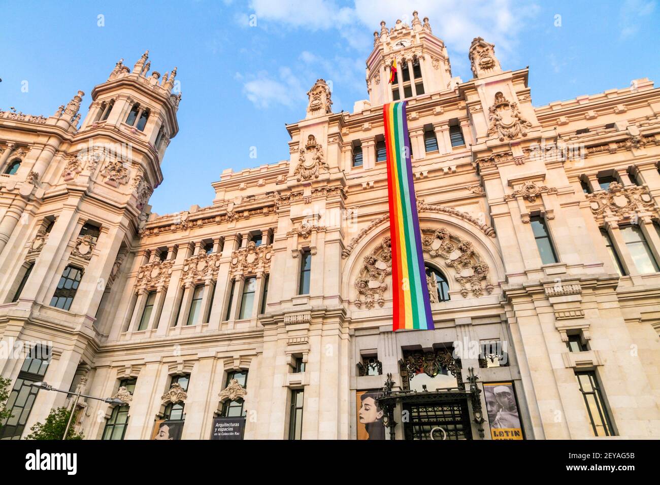 Madrid Spain Spanish Plaza de Cibeles Cybele Palace Palacio de Cibeles Palacio de Comunicaciones facade exterior Spanish architecture Modernismo eopla Stock Photo