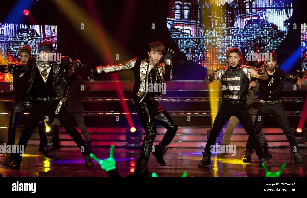 13 March 2013 - Seoul, South Korea - South Korean boys band BAP, performs onstage during the MBC TV K-Pop music chart 'Show Champion' at Uniqlo-AX Hall in Seoul, South Korea on March 13, 2013. (Photo by Lee Young-ho/Sipa USA) Stock Photo