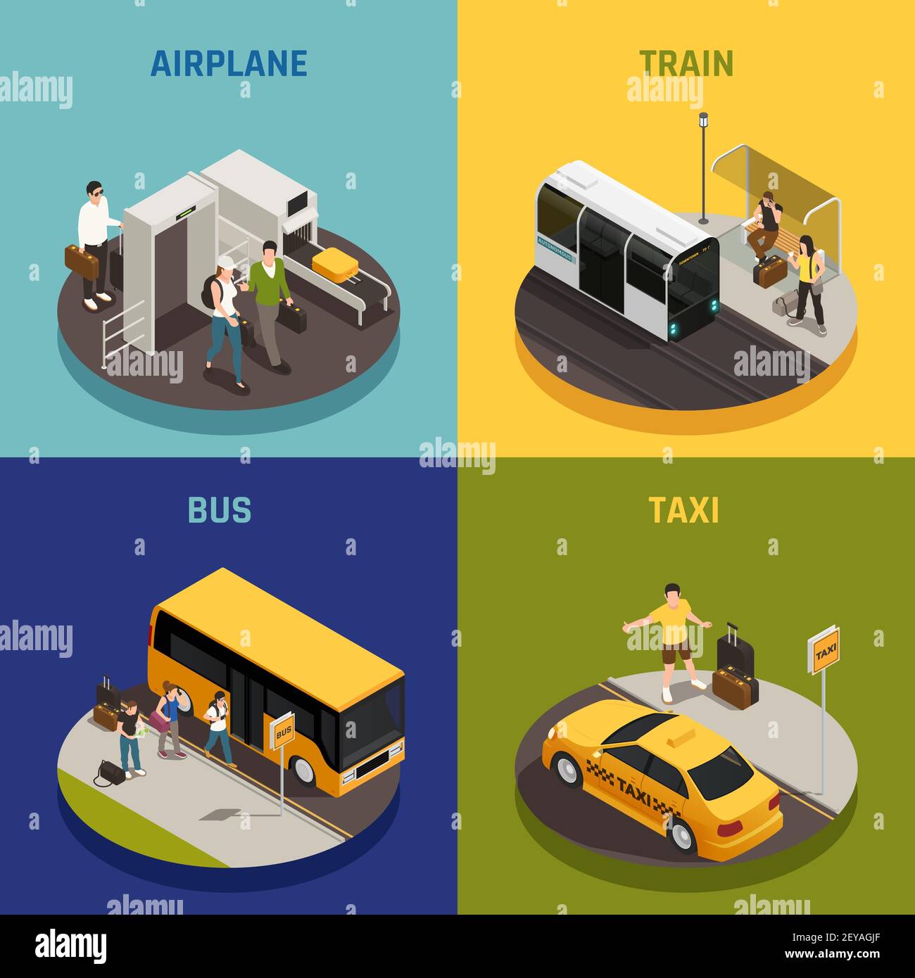 People with luggage during travel on airplane train bus and taxi ...