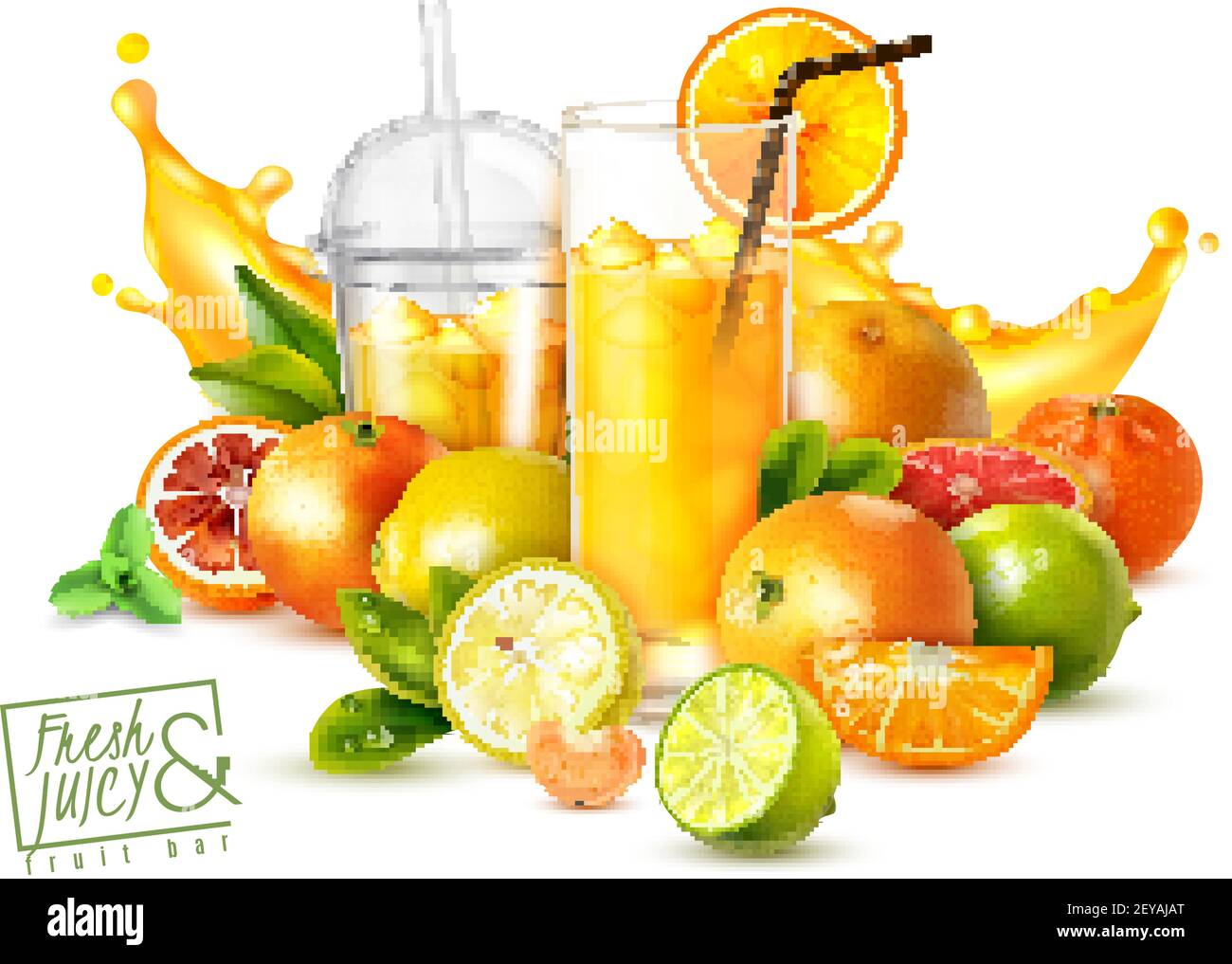 Realistic poster with citrus fruits and glasses of cold fresh juice on  white background vector illustration Stock Vector Image & Art - Alamy