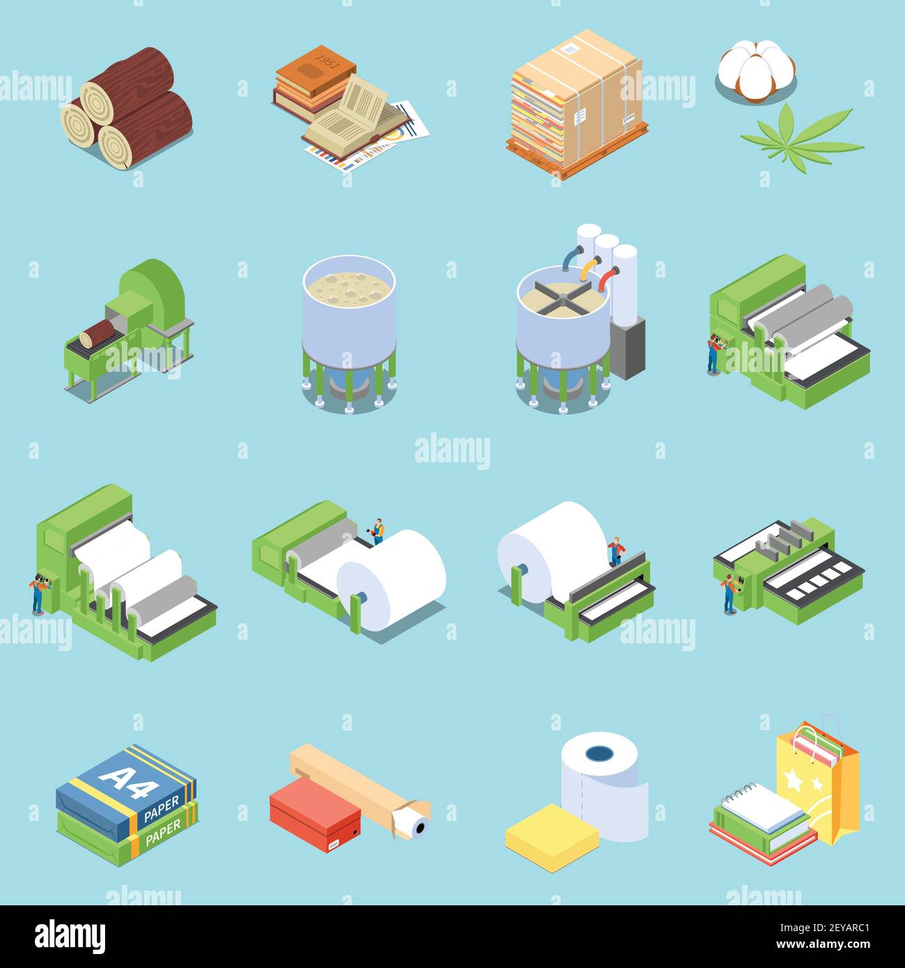 Paper production icons set with printing symbols isometric isolated ...