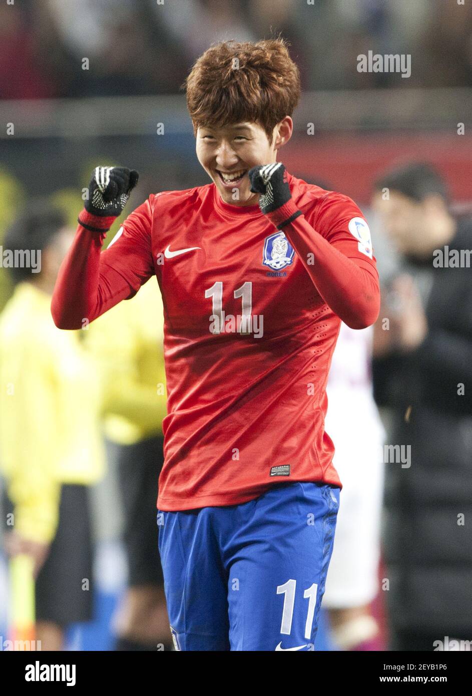 26 March 13 Seoul South Korea South Korean Player Son Heung Min Right Celebrates His After Scoring During The Fifa World Cup Asia Qualifier Match Between South Korea And Qatar At 26 March 13 Seoul South Korea South Korean Player Son Heung Min Right Celebrates His After Scoring During The Fifa World Cup Asia Qualifier Match Between South Korea And Qatar At