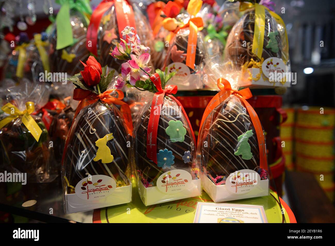 Chocolate Easter eggs on display for sale inside Jacques Torres