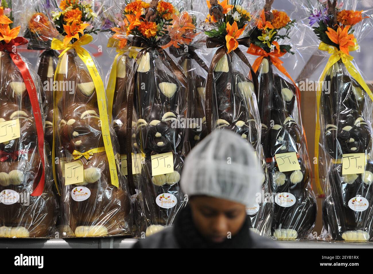 A row of twofoot tall, six pound chocolate bunny rabbits on the