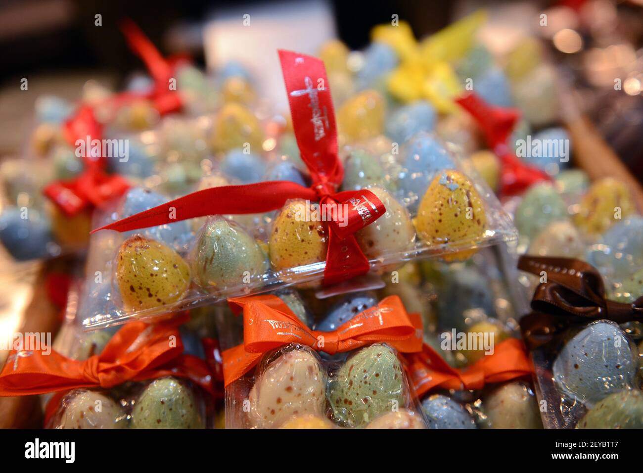 Chocolate Easter eggs on display for sale inside Jacques Torres