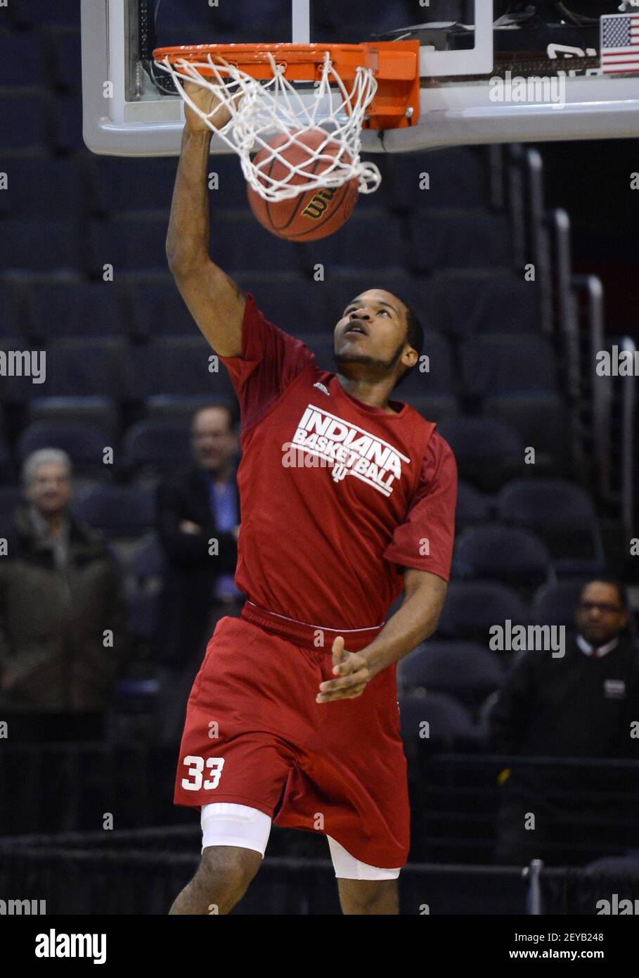 Indiana forward Jeremy Hollowell (33) dunks during a shoot around for the  NCAA Men's Basketball East Regional at the Verizon Center in Washington,  D.C., Wednesday, March 27, 2013. (Photo by Chuck Myers/MCT/Sipa