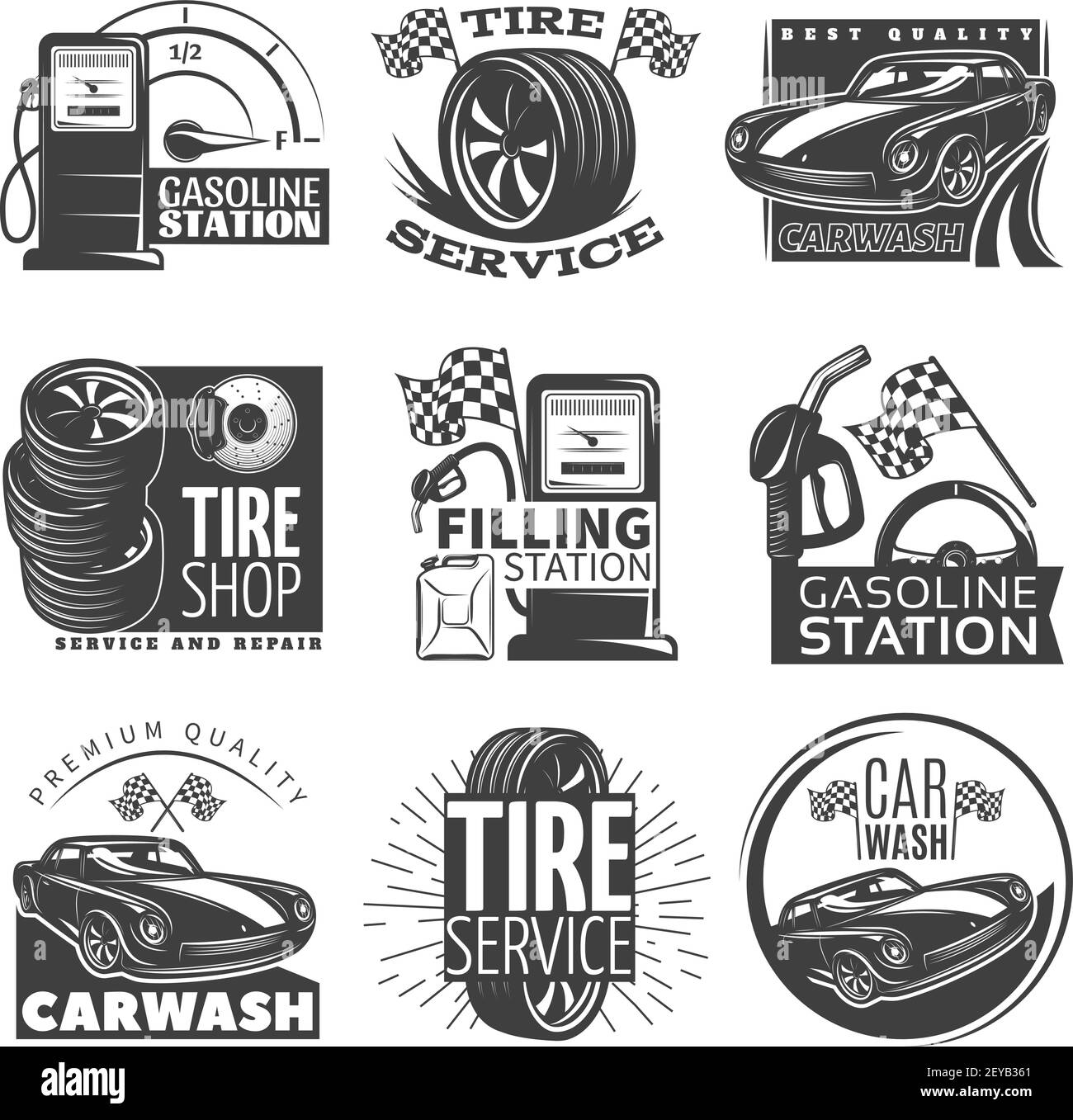 Car service black emblem set with descriptions of tire service car wash