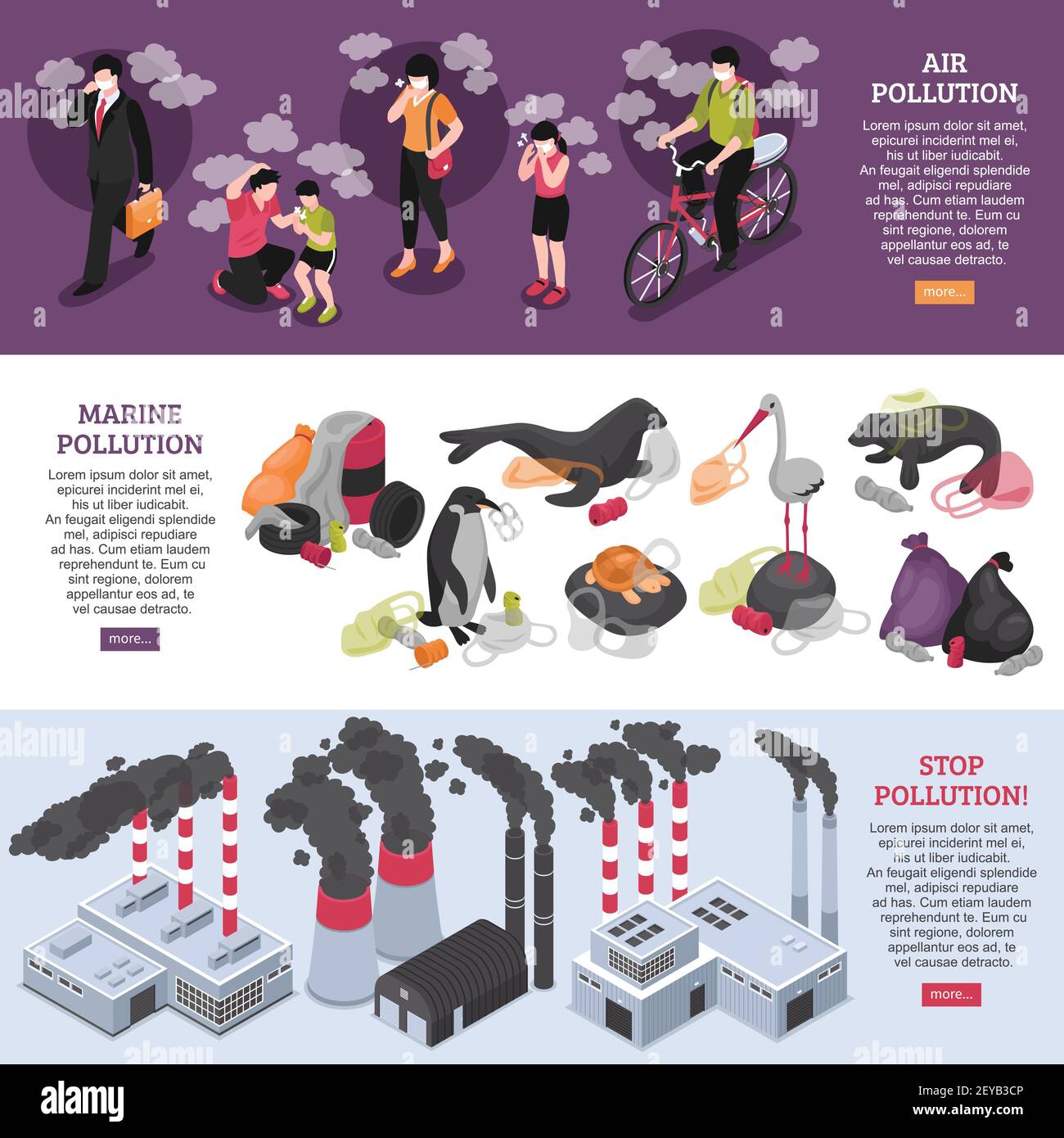 Pollution horizontal isometric banners isometric set with marine and ...