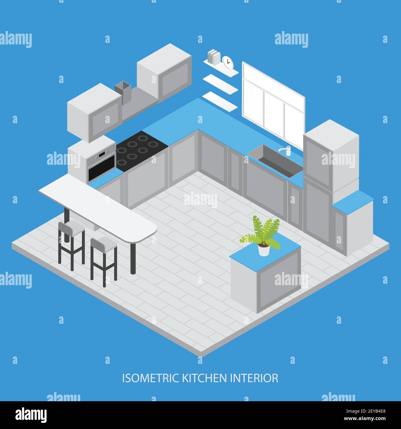 Isometric kitchen interior with cabinets cupboards white counter window ...