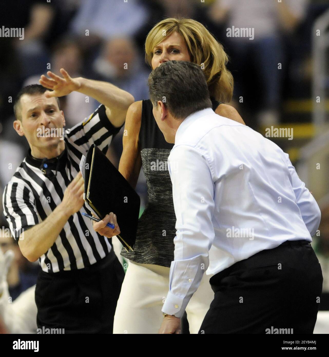 Connecticut associate head coach Chris Dailey does her best, in vain, to  keep head coach Geno Auriemma from picking up a technical foul from  official Joseph Vaszily late in the first half
