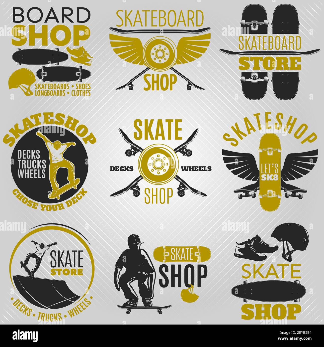 Colored skateboarding emblem set in different shapes with descriptions