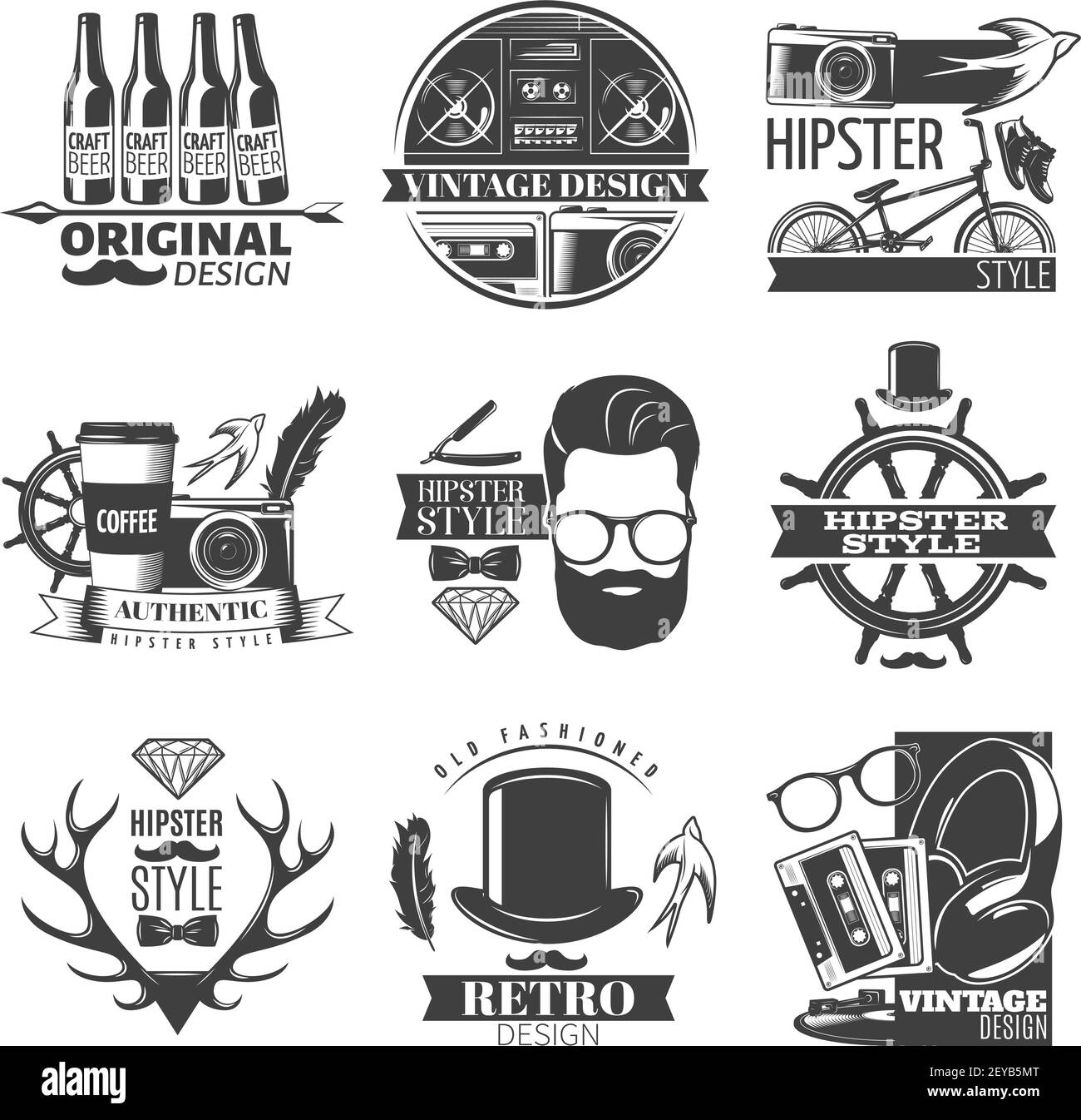 Black hipster emblem set with descriptions of original vintage and