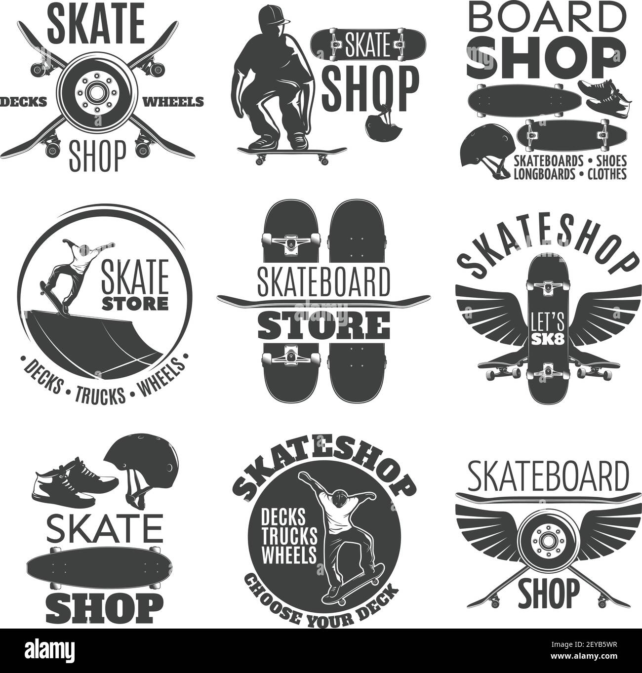 Vintage skateboarding shop emblems set with letterings skateboarder and sport equipment isolated vector illustration Stock Vector