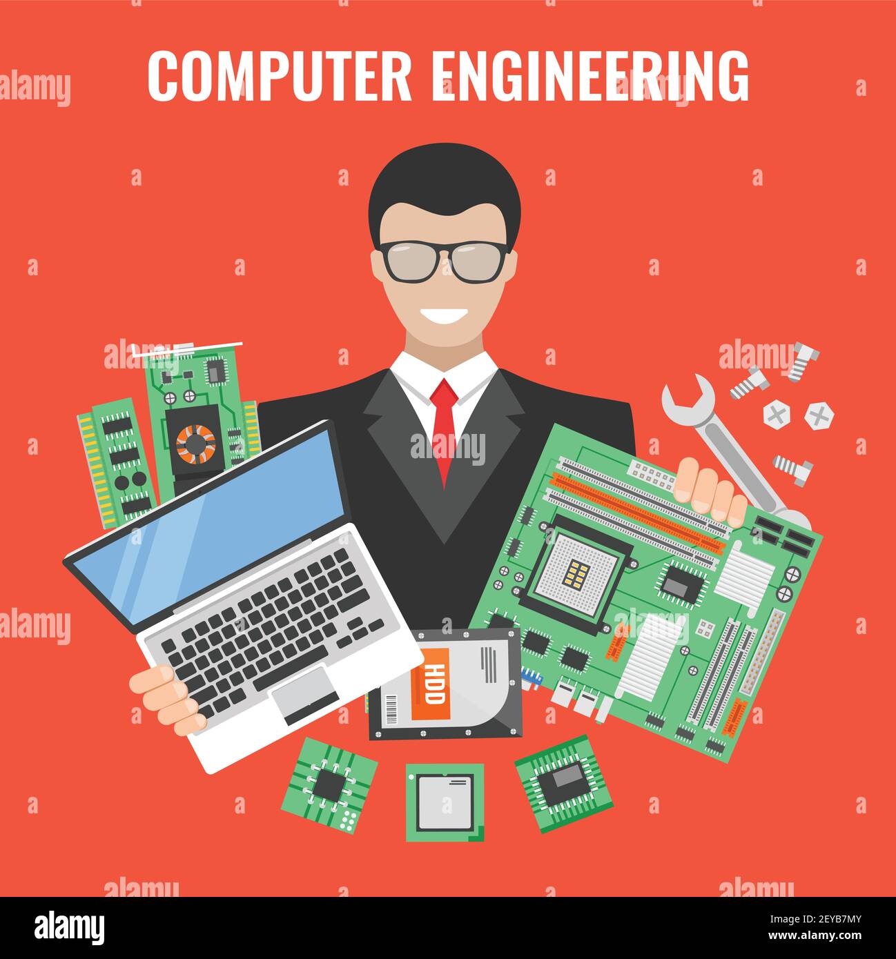 Computer engineering flyer with man in a suit with laptop and tools for ...