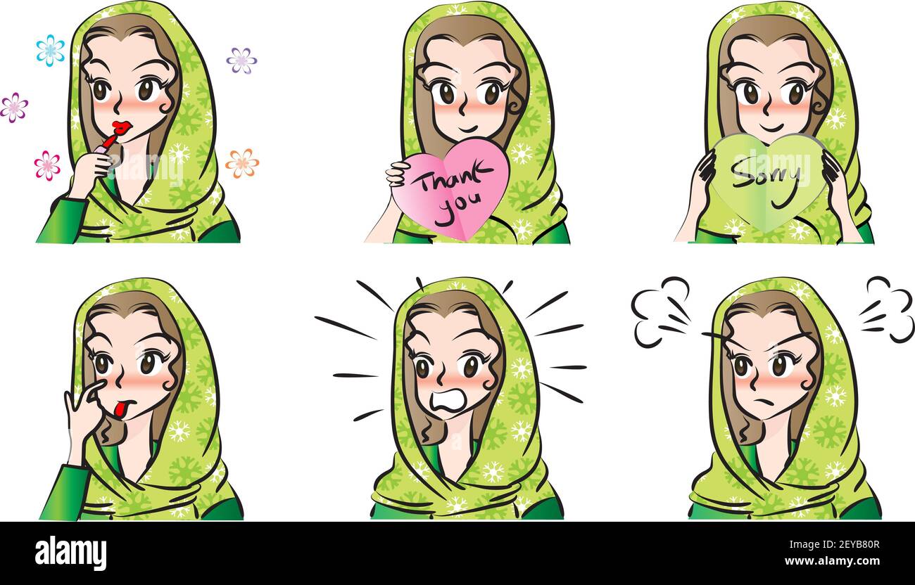 Cartoon girl with scarf emoji set Stock Photo