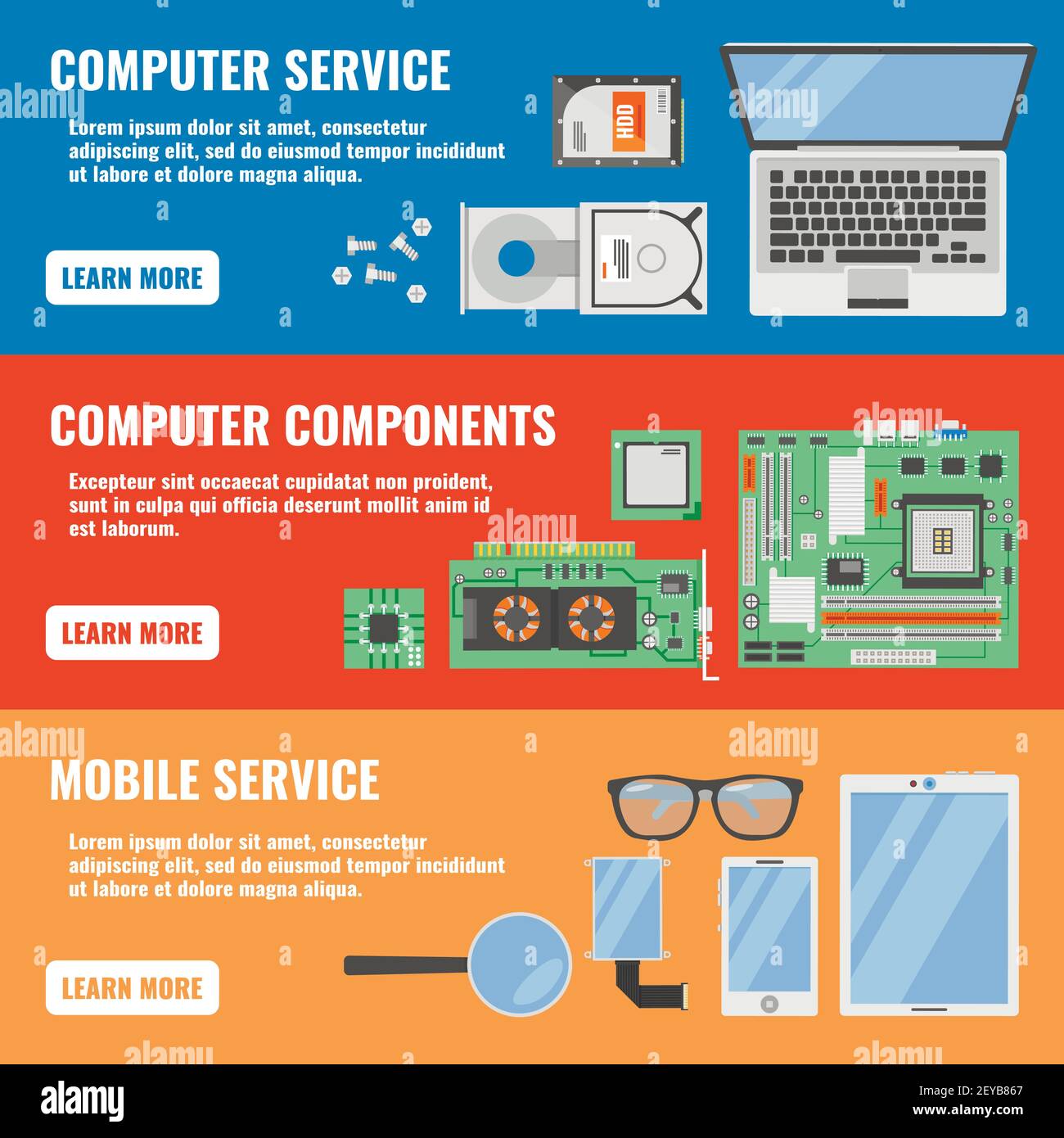 Three horizontal computer service banner set with descriptions of