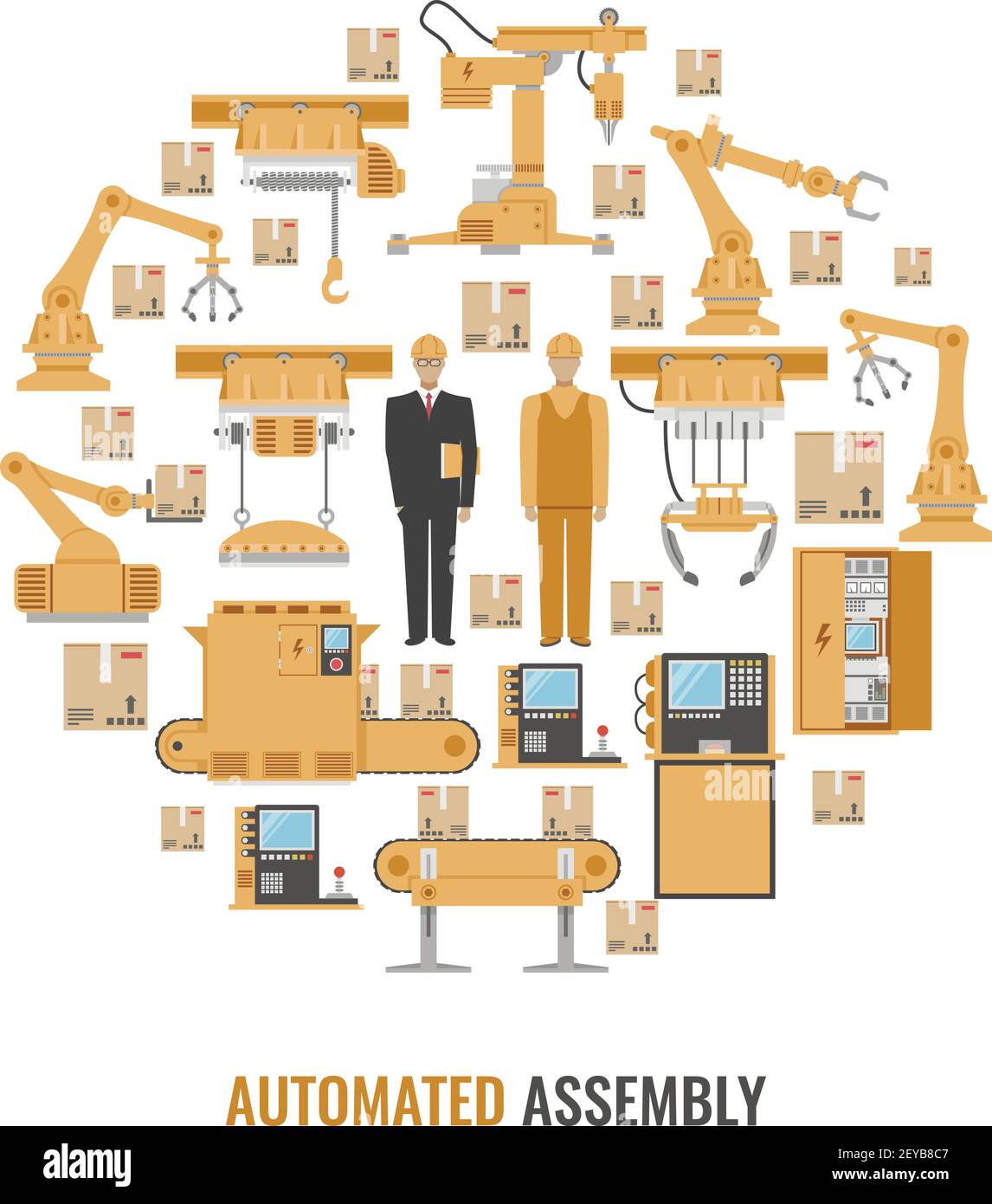 Automated assembly colored round composition with isolated yellow icon set and title automated assembly vector illustration Stock Vector