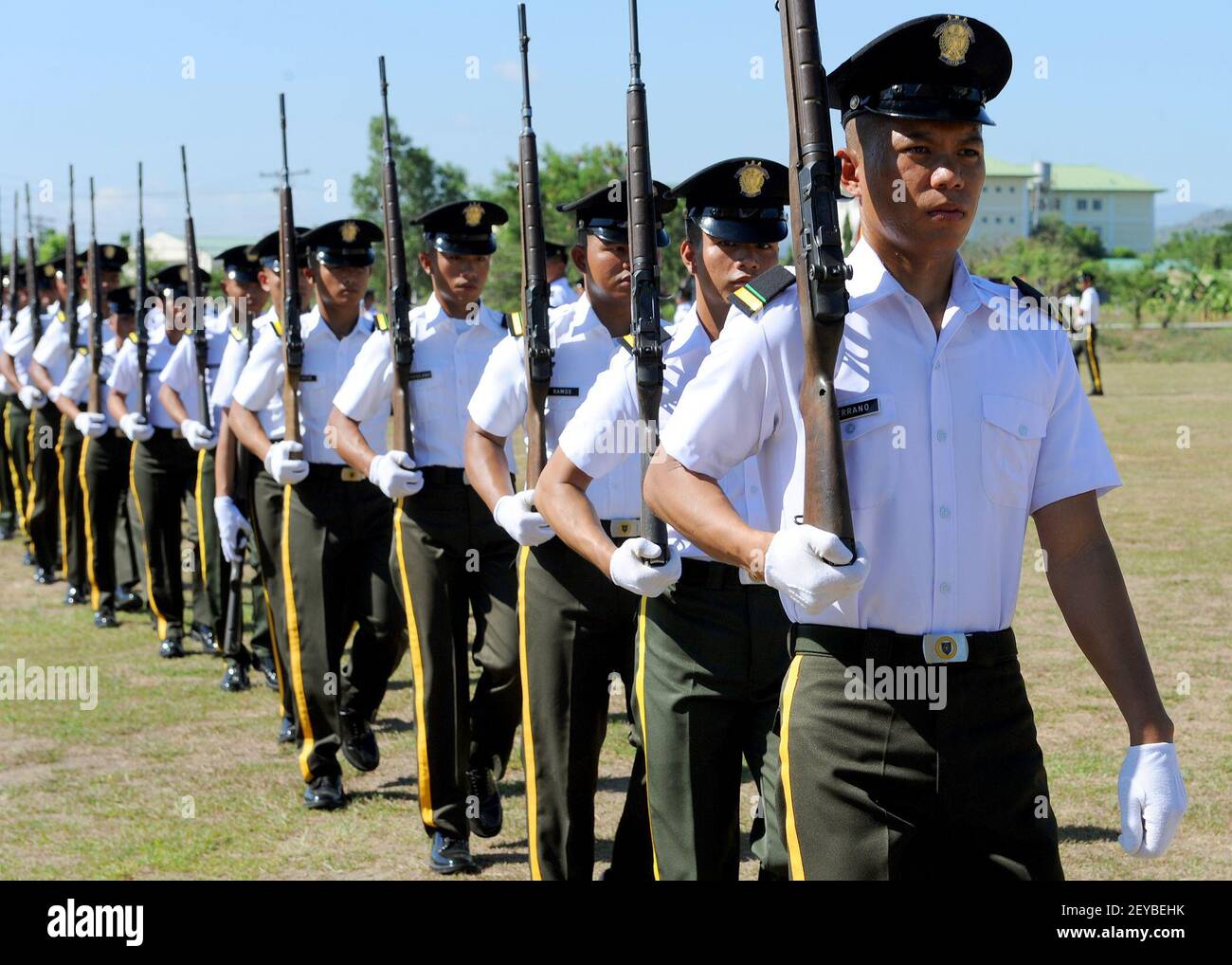 Philippine army officer cadets march on the parade grounds April 6