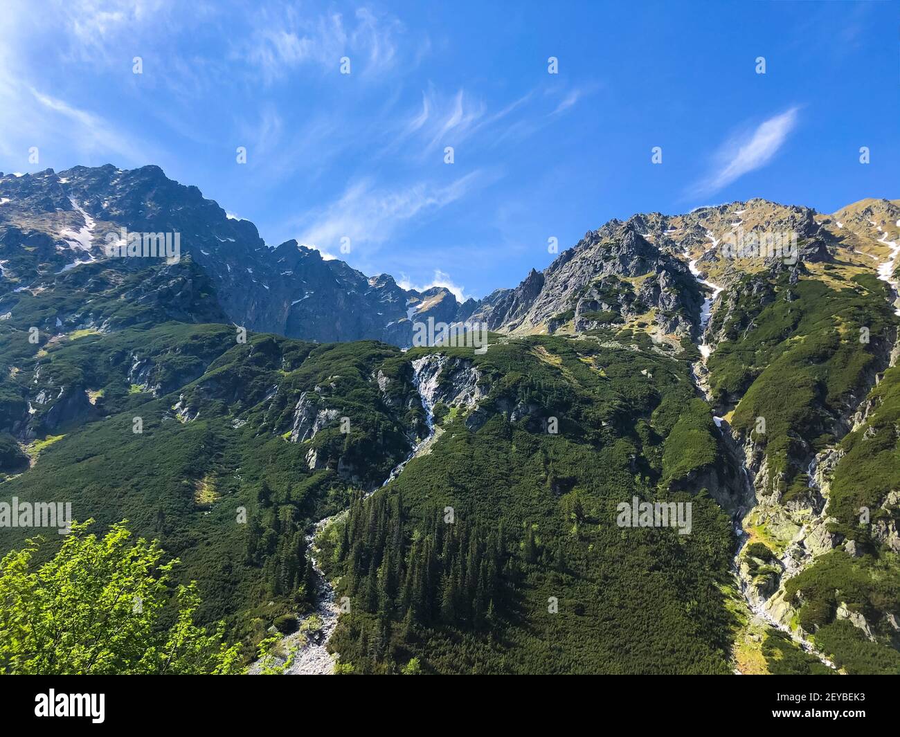 A mesmerizing mountainscape in the blue sky background, scenic Tatra National Park Stock Photo