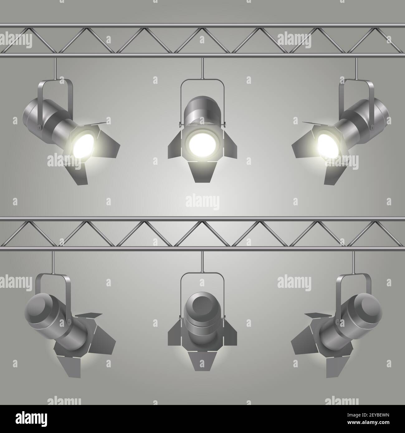 Realistic spotlights set hanging on iron slabs of ceiling and shines on stage vector illustration Stock Vector